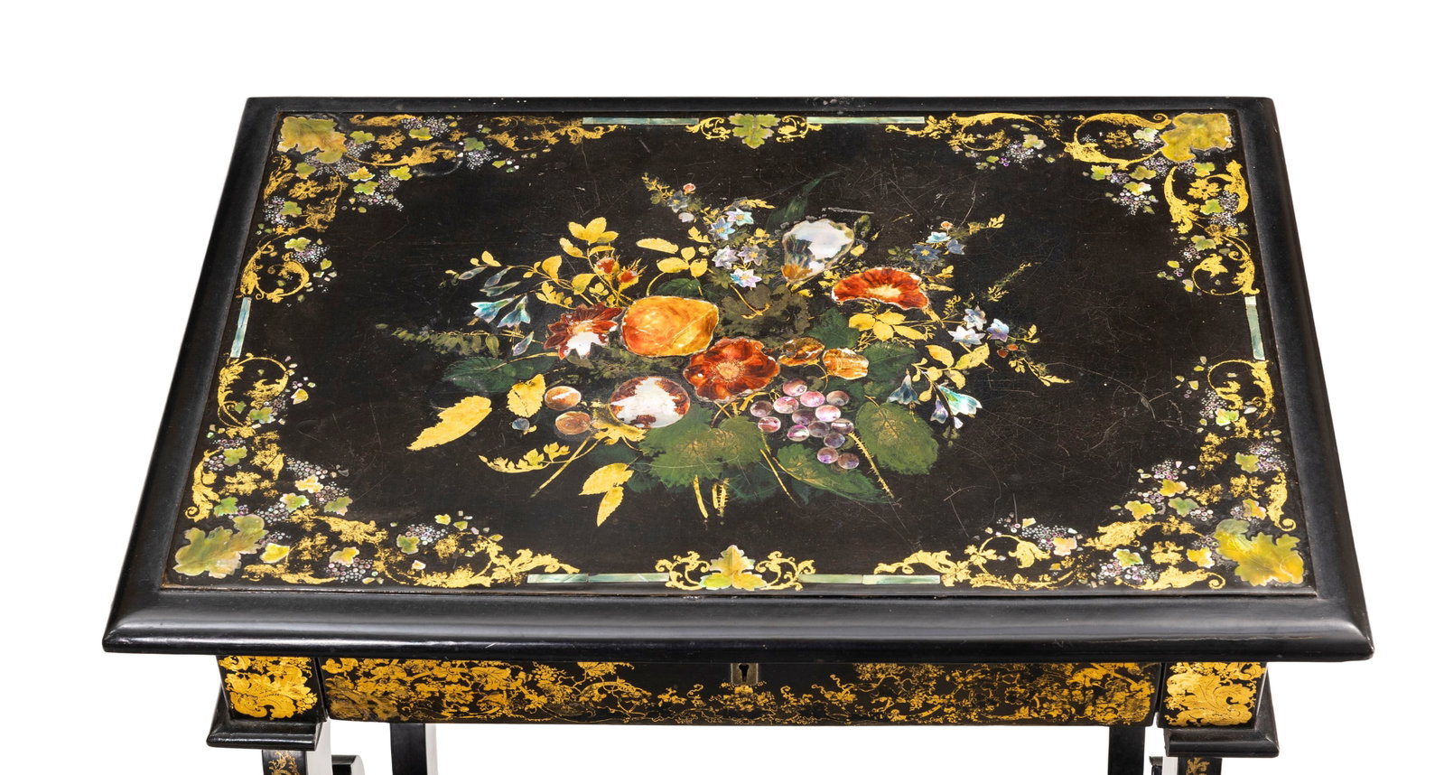 Table à ouvrage d'époque Napoléon III, en bois noirci à décor peint et dor& - 3