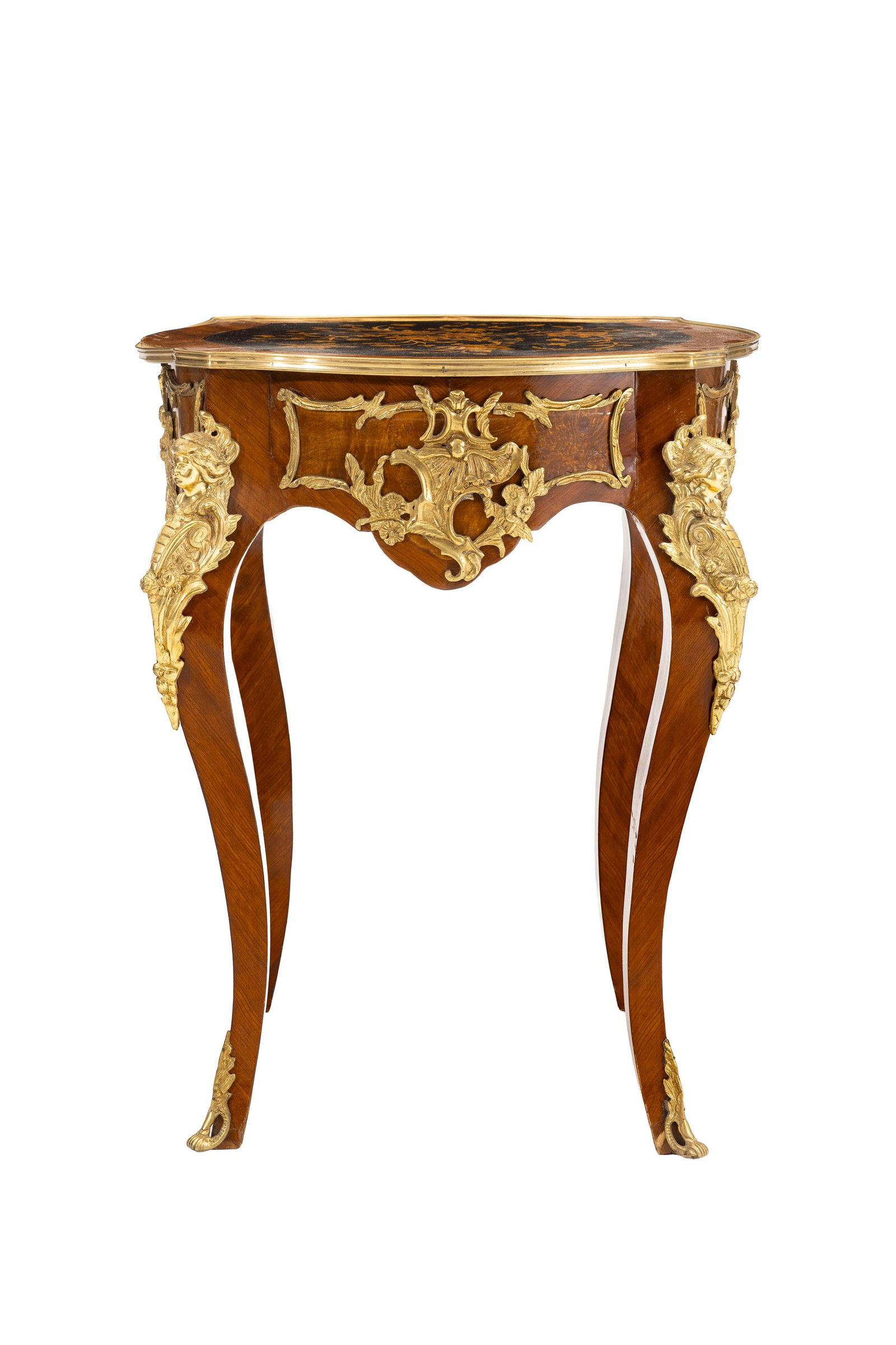 Guéridon de style Napoléon III, XXe s., en placage de bois de rose et bois teinté : Guéridon de style Napoléon III, XXe s., en placage de bois de rose et bois teinté à décor de fleurs, ornementations en bronze doré, pieds galbés, 81x65x65 cm