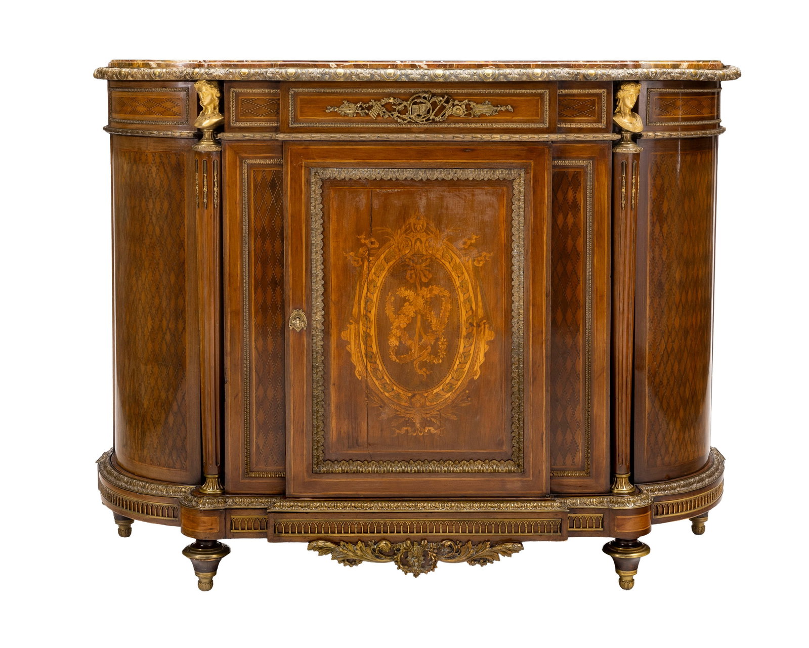 Meuble à hauteur d'appui, XIXe s., en placage d'acajou, bois de rose et marqueterie de losanges: Meuble à hauteur d'appui, XIXe s., en placage d'acajou, bois de rose et marqueterie de losanges et fleurs dans un médaillon, ouvrant par une porte en façade, montants cannelés