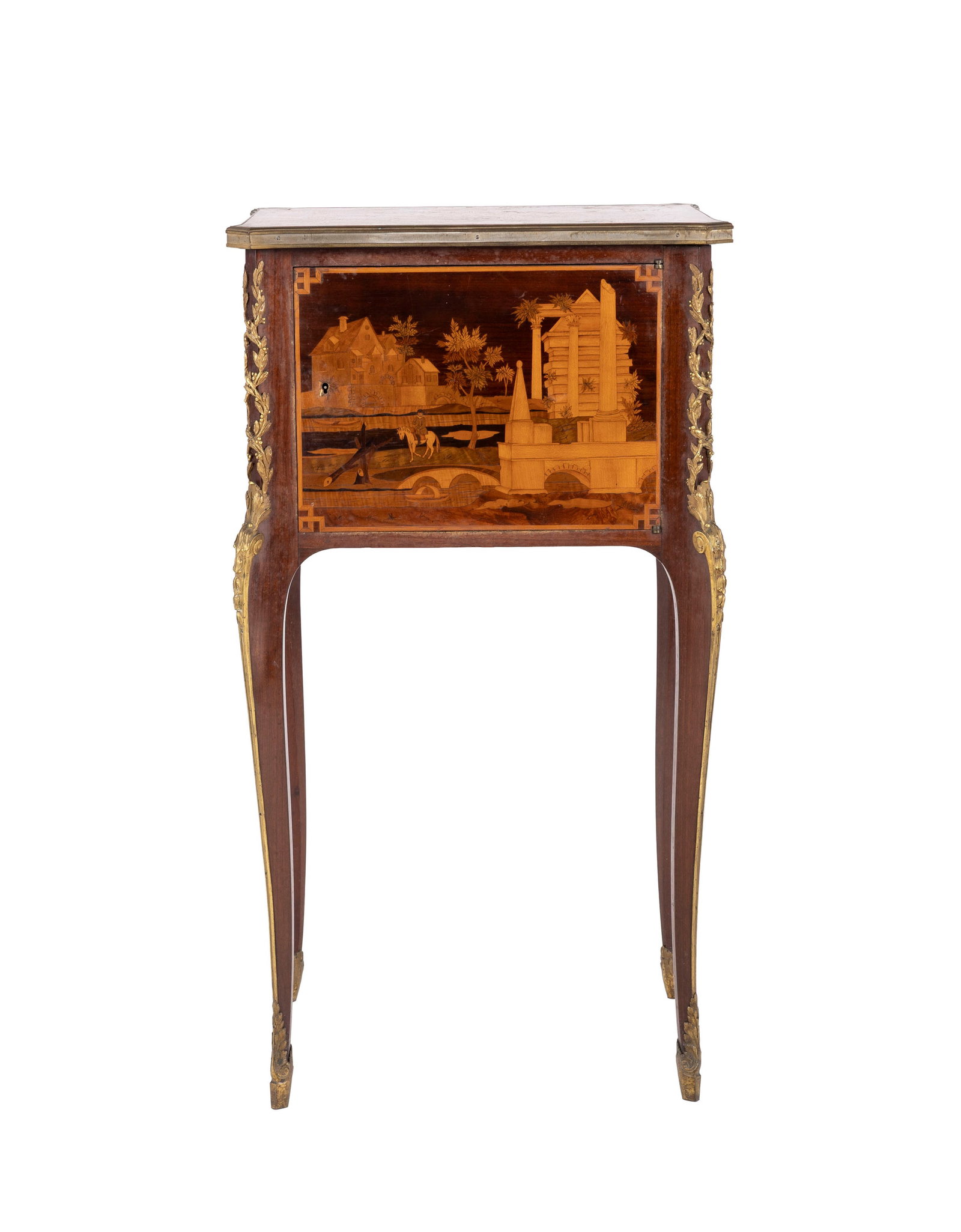 Meuble d'appoint, fin du XIXe s., en placage d'acajou et marqueterie de paysage de ruine, carquois,  - 2