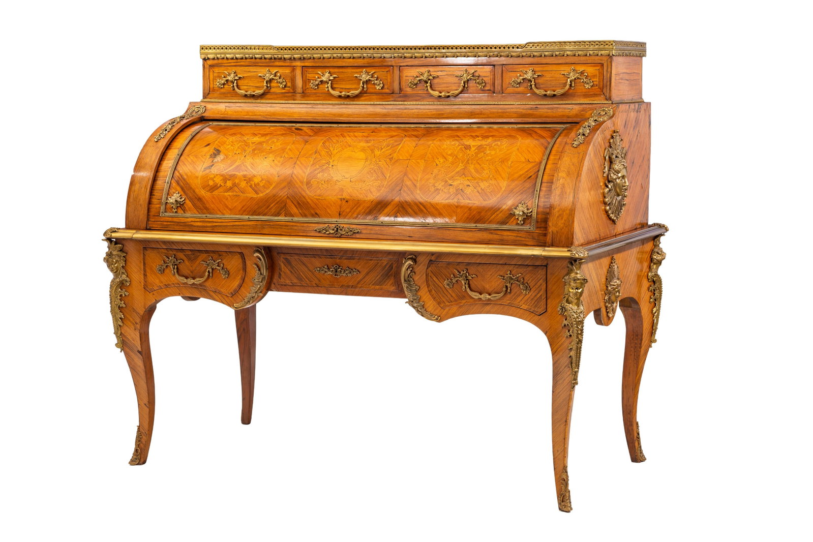 Bureau à cylindre d'époque Napoléon III, en placage de bois de rose et à dé: Bureau à cylindre d'époque Napoléon III, en placage de bois de rose et à décor en marqueterie, ornementation en bronze doré, cylindre démasquant quatre tiroirs et
