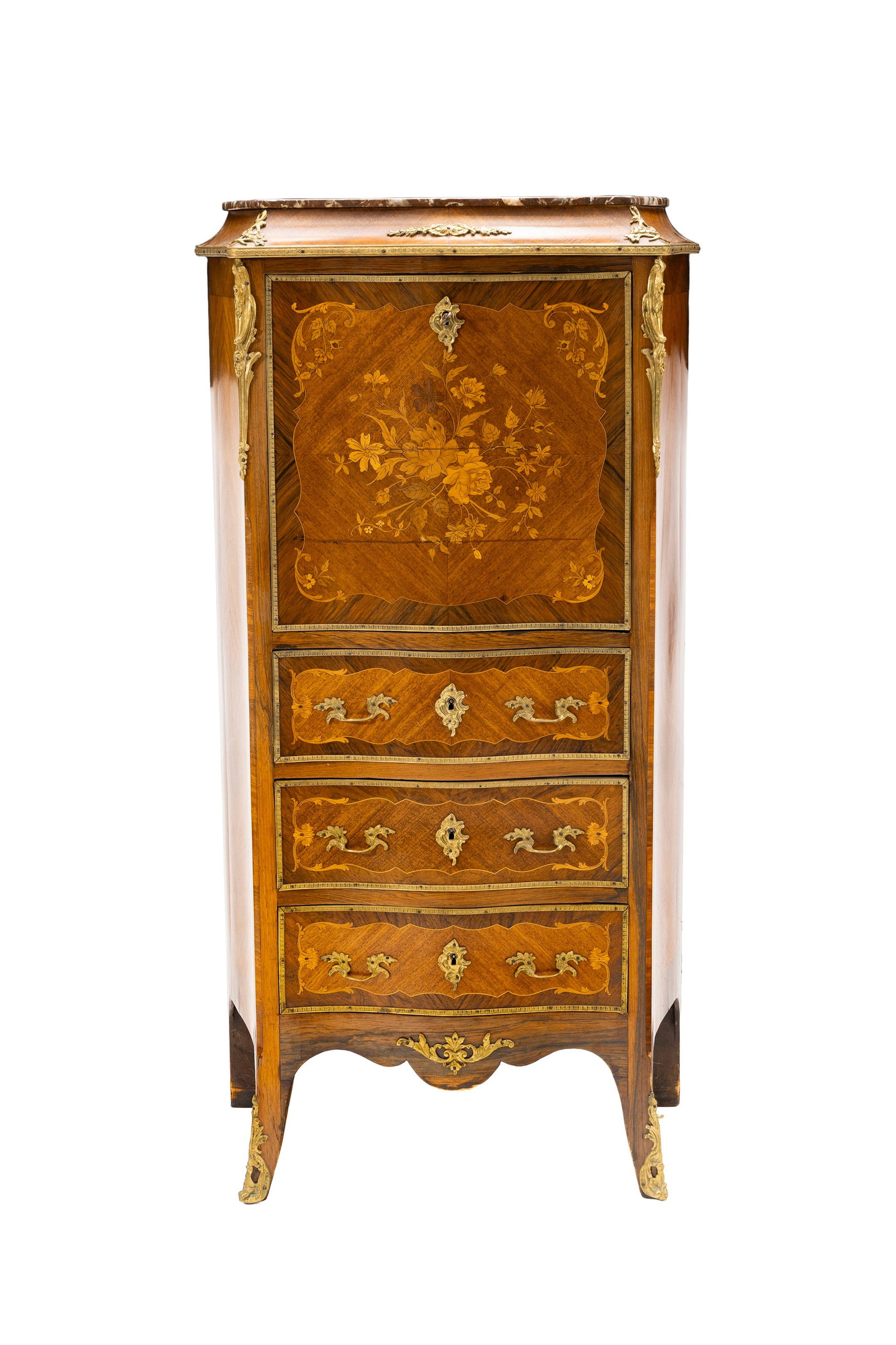 Secrétaire à abattant d'époque Napoléon III, en placage de bois de rose et marqu: Secrétaire à abattant d'époque Napoléon III, en placage de bois de rose et marqueterie à décor de fleurs, ouvrant par trois tiroirs et un abattant démasquant niches