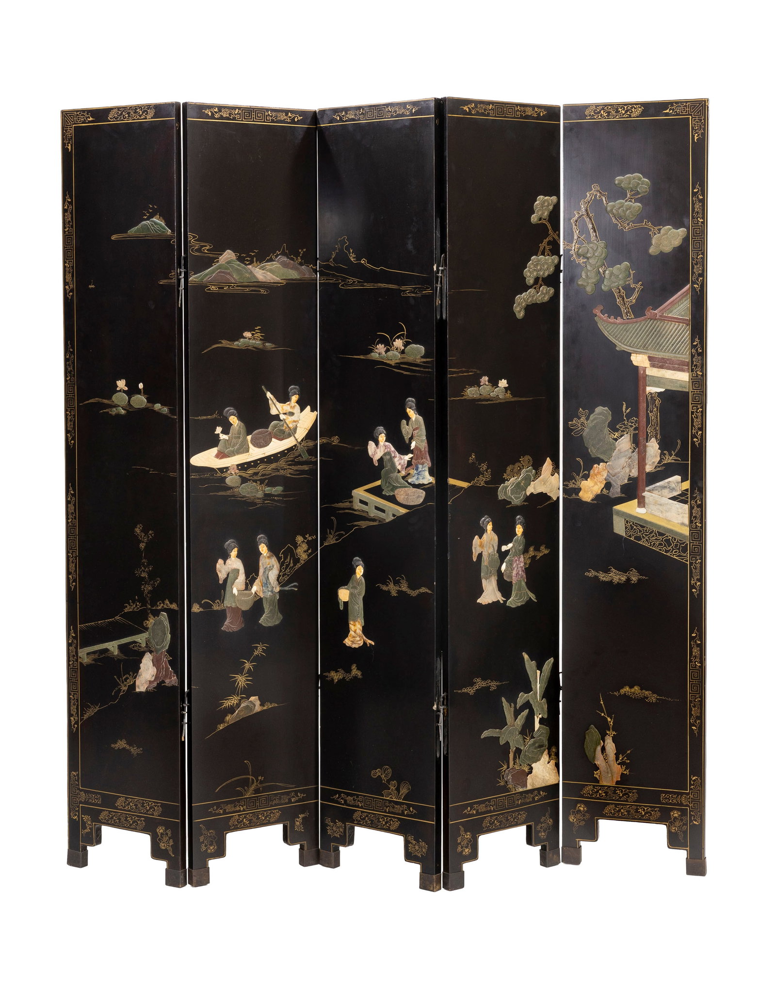 Paravent, Chine, XXe s., en bois laqué noir et incrustations de pierres dures, cinq lés, d: Paravent, Chine, XXe s., en bois laqué noir et incrustations de pierres dures, cinq lés, dimensions d'un lé: 161x31 cm Condition présence de marques et rayures