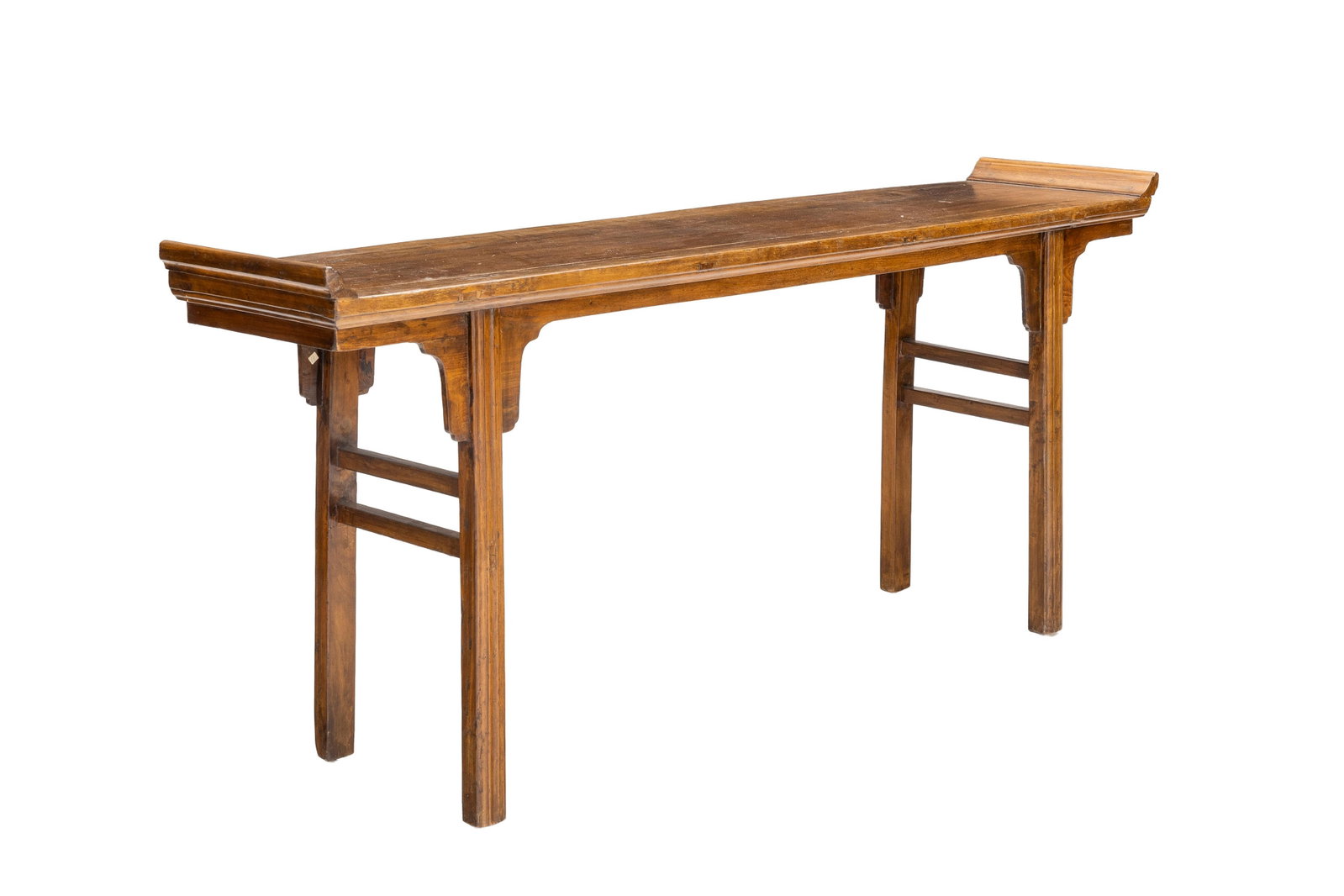 Console Pingtuan, Chine, XXe s., en hongmu, pieds reliés par une entretoise, 88x202x43 cm: Console Pingtuan, Chine, XXe s., en hongmu, pieds reliés par une entretoise, 88x202x43 cm Condition rayures, marques et usures au vernis présence de marques de coups