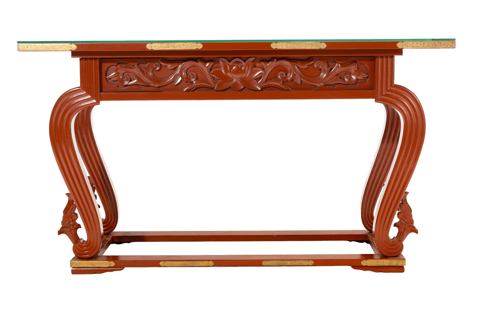 Console, Chine, XXe s., en bois laqué rouge à décor sculpté de nénuphars, m - 2
