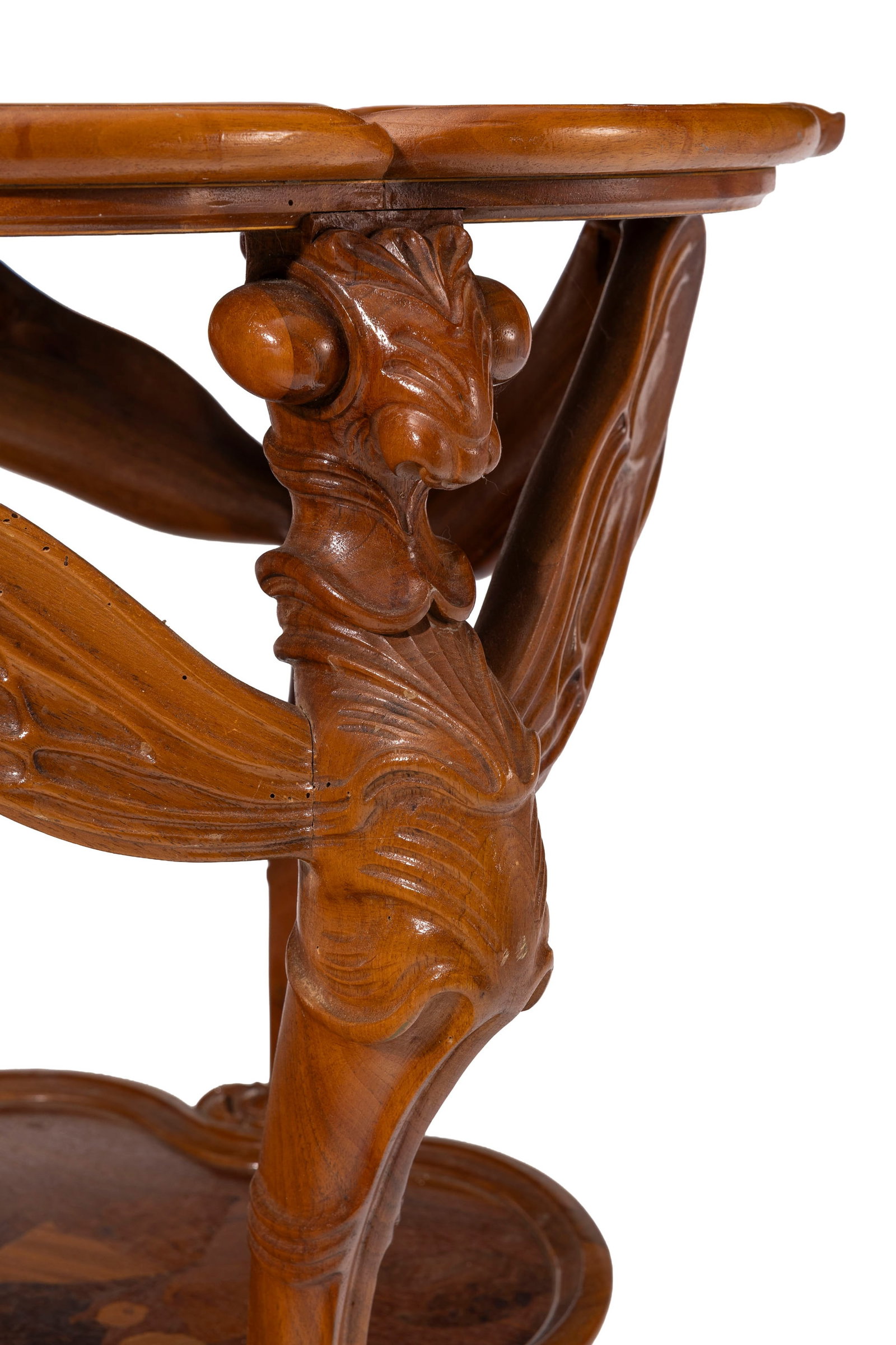 Paire de guéridons Libellules d'époque Art Nouveau signés Gallé, en noyer moulur - 4