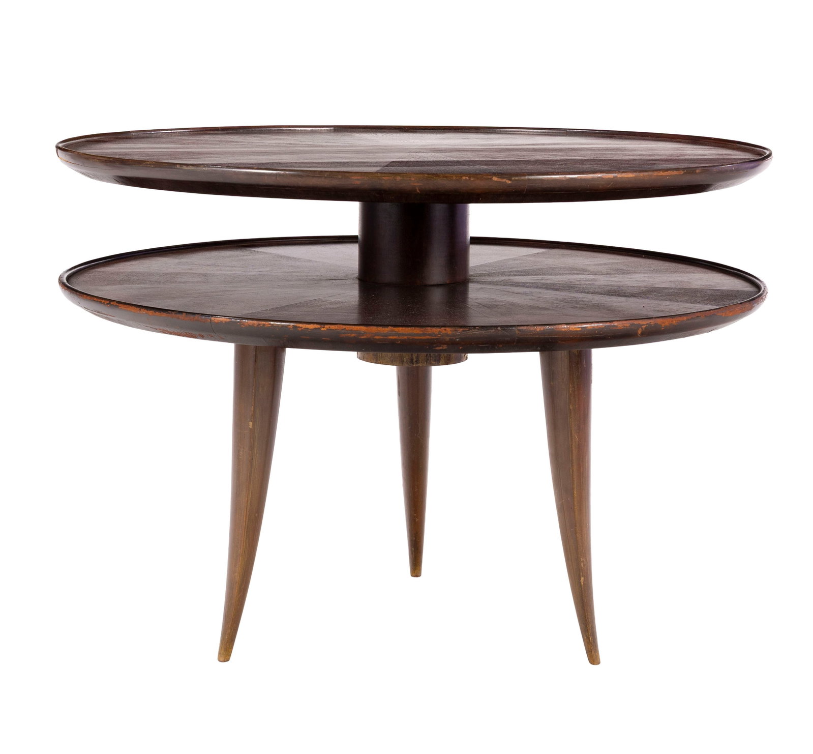 Guéridon de style Art Déco dans le goût d'Emile-Jacques Ruhlmann, XXe s., en bois tei: Guéridon de style Art Déco dans le goût d'Emile-Jacques Ruhlmann, XXe s., en bois teinté acajou et acajou, double plateau circulaire reposant sur un piètement tripode, porte