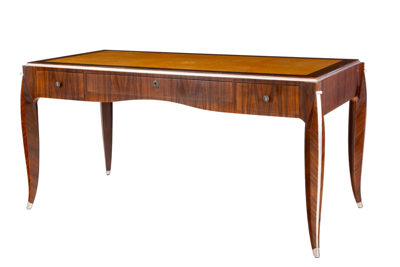 Bureau plat de style Art Déco d'après un modèle de Ruhlmann, deuxième moitié: Bureau plat de style Art Déco d'après un modèle de Ruhlmann, deuxième moitié XXe s., en ébène de macassar, loupe de thuya, de forme rectangulaire, le plateau