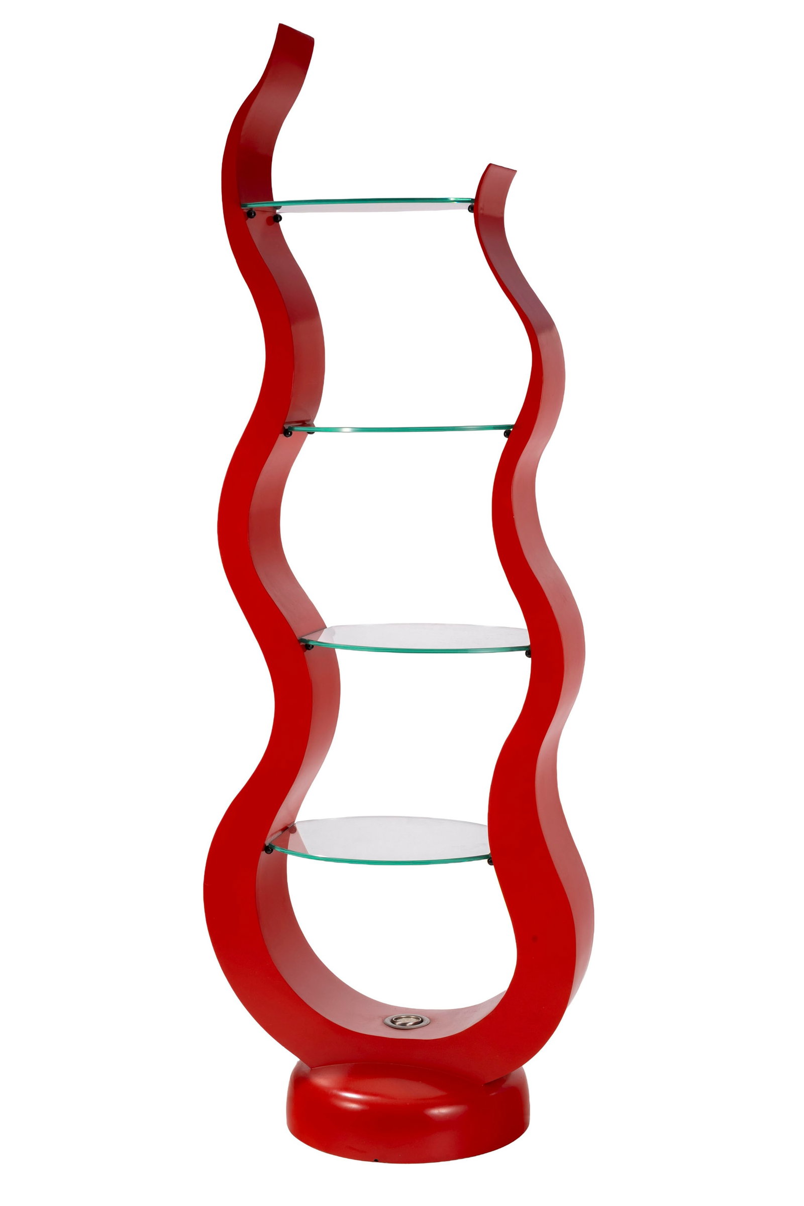 Etagère Flamme par Johan Schule, en aluminium laqué rouge, quatre tablars en verre, 219x77: Etagère Flamme par Johan Schule, en aluminium laqué rouge, quatre tablars en verre, 219x77x53 cm