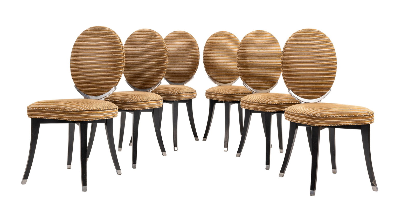 Suite de 6 chaises par Jean-Charles de Castelbajac (né en 1949) XXIe s., en bois noirci et m: Suite de 6 chaises par Jean-Charles de Castelbajac (né en 1949) XXIe s., en bois noirci et métal chromé, garniture en tissu brun rayé Condition présence de marques de coups