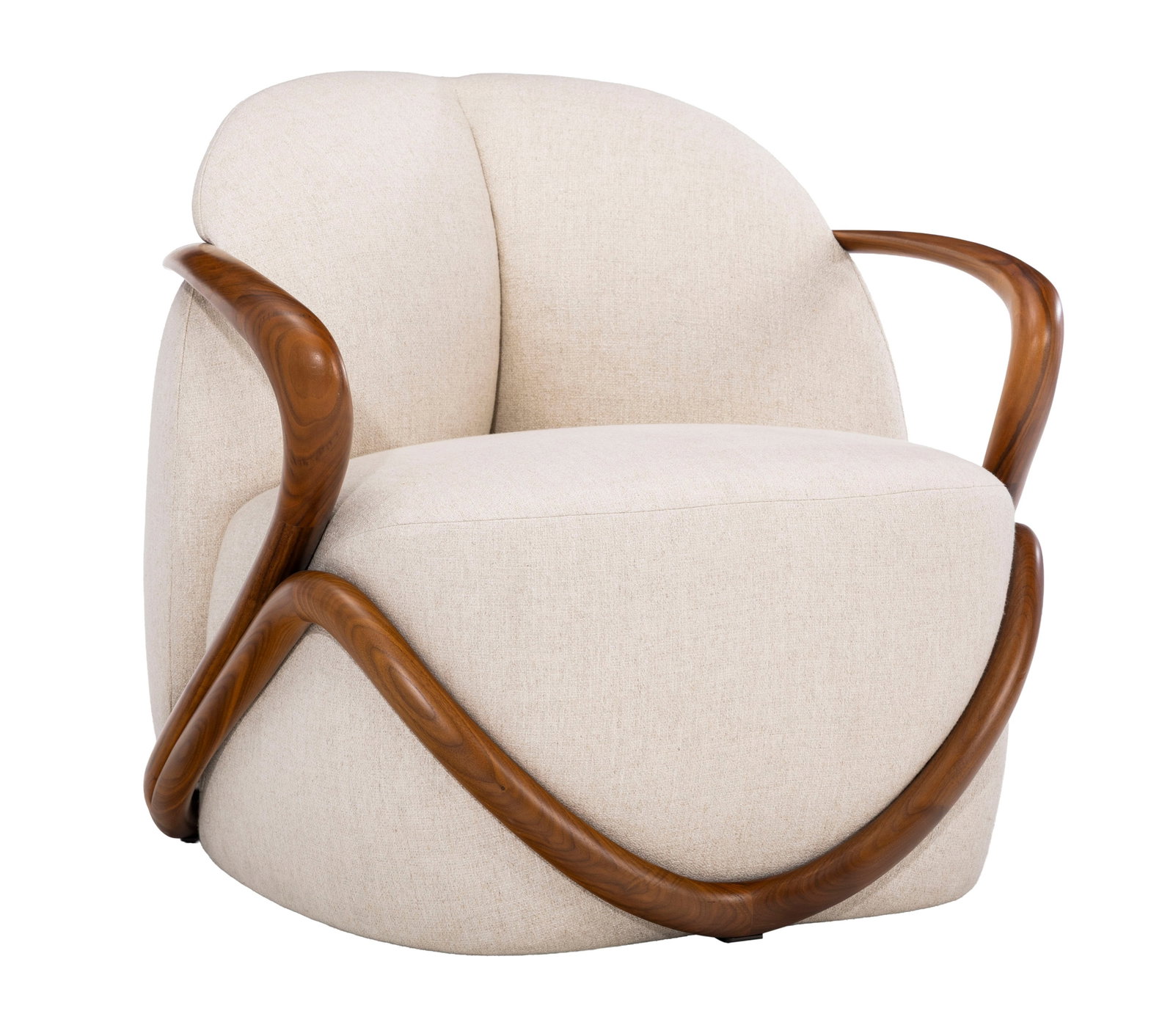 Fauteuil HUG par Rossella Pugliatti (né en 1967), édition Giorgetti, structure en noyer, g: Fauteuil HUG par Rossella Pugliatti (né en 1967), édition Giorgetti, structure en noyer, garniture en tissu beige Condition fissure en partie inférieure de l'armature en bois (jonction