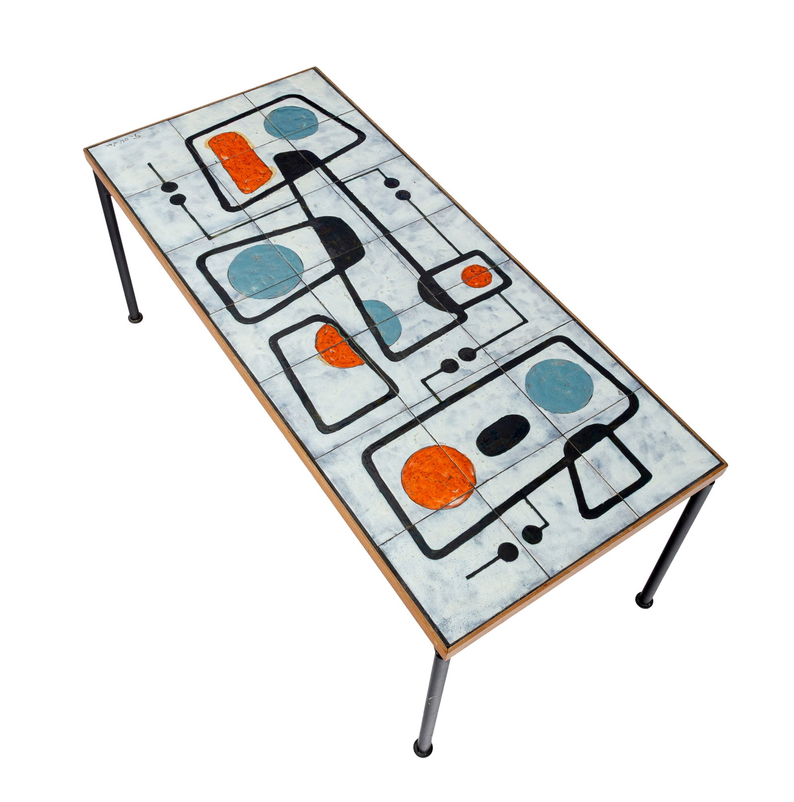 Table basse, circa 1960, plateau en céramique à motifs géométriques signé G - 2