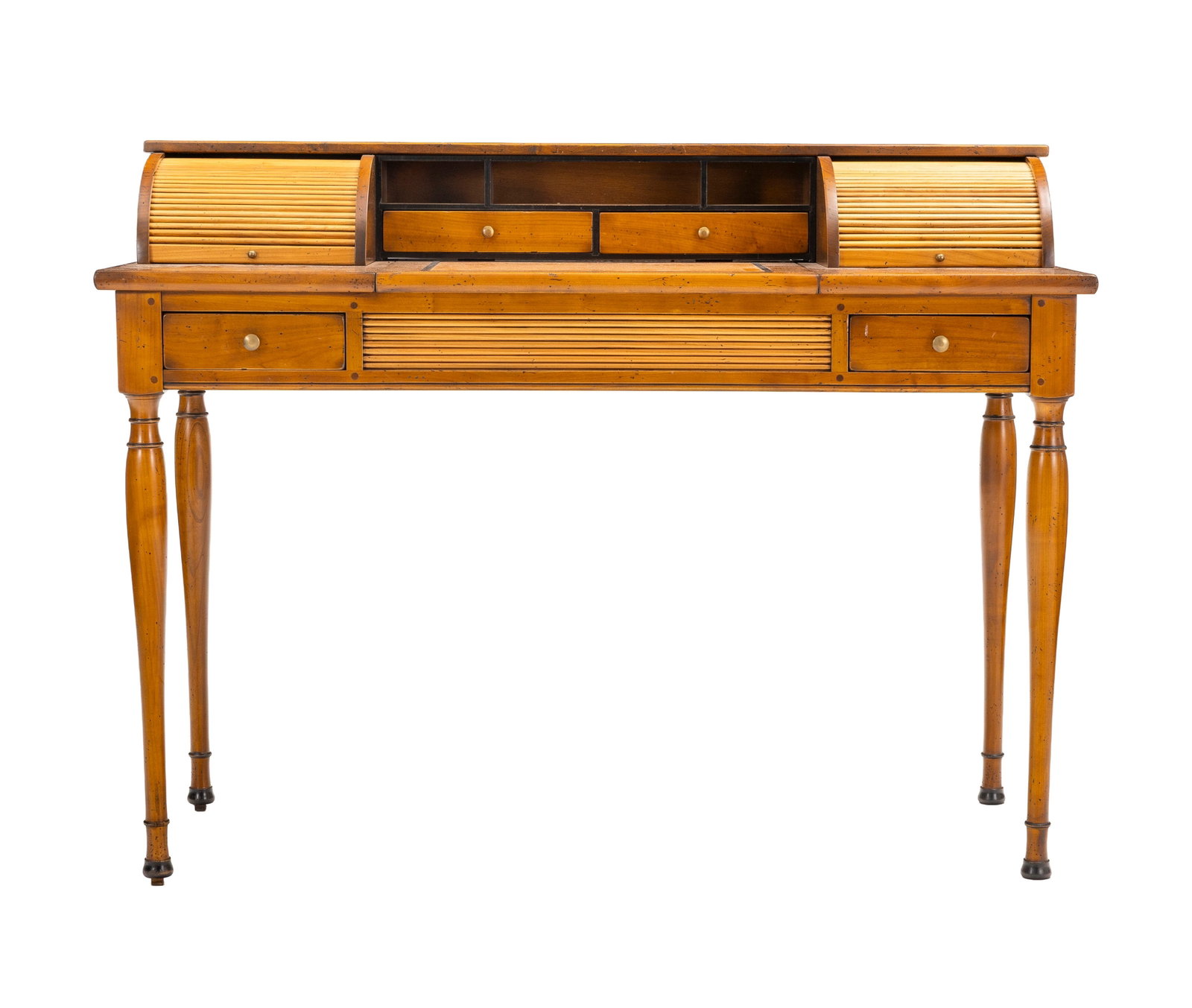 Bureau, XXe s., en bois naturel, ouvrant par deux tiroirs en ceinture, deux vantaux coulissants et d: Bureau, XXe s., en bois naturel, ouvrant par deux tiroirs en ceinture, deux vantaux coulissants et deux tiroirs en partie haute, plateau s'ouvrant et démasquant un casier, 91x120x50 cm