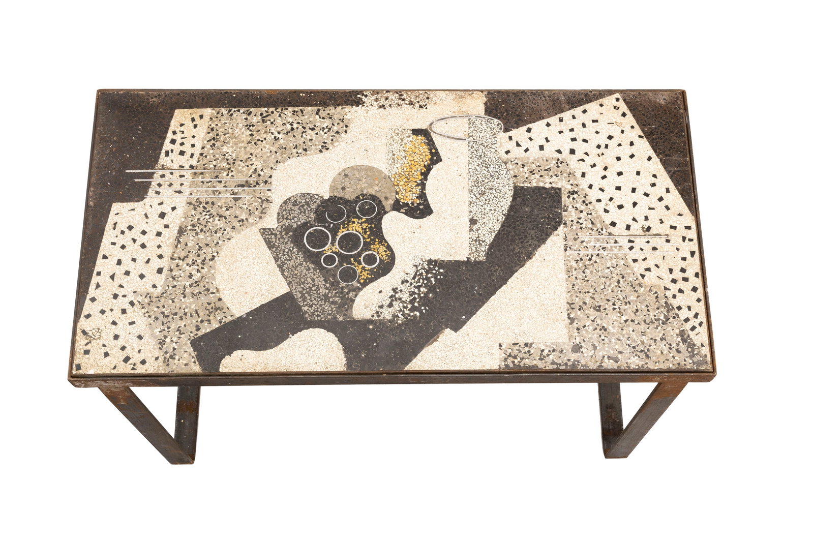 Table basse, XXe s., structure en métal patiné noir, plateau en granito à décor  - 2