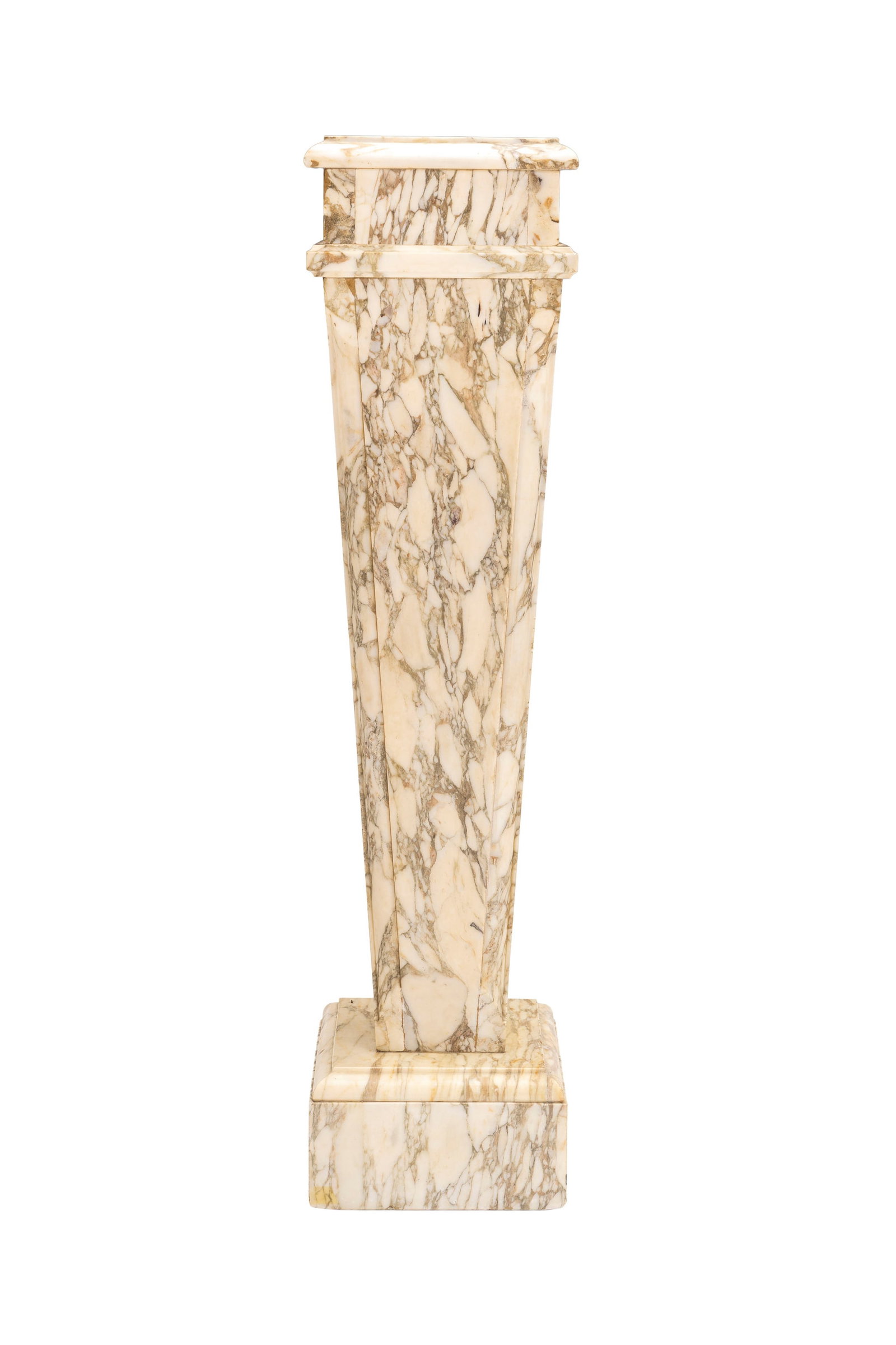 Sellette, XXe s., en placage de marbre blanc veiné gris, h. 109 cm: Sellette, XXe s., en placage de marbre blanc veiné gris, h. 109 cm Pour ce lot, la TVA due par l'acheteur est calculée sur le prix d'adjudication augmenté de l'échute, soit un