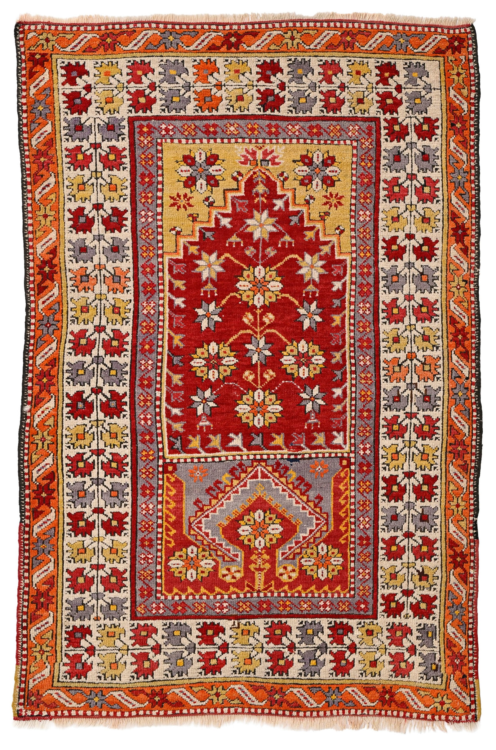 Tapis de prière, Turquie, 1ère moitié du XXe s., à mihrab rouge sur fond polychr: Tapis de prière, Turquie, 1ère moitié du XXe s., à mihrab rouge sur fond polychrome parsemé de fleurs stylisées, bordure beige ornée d'une frise de fleurs, 104x160