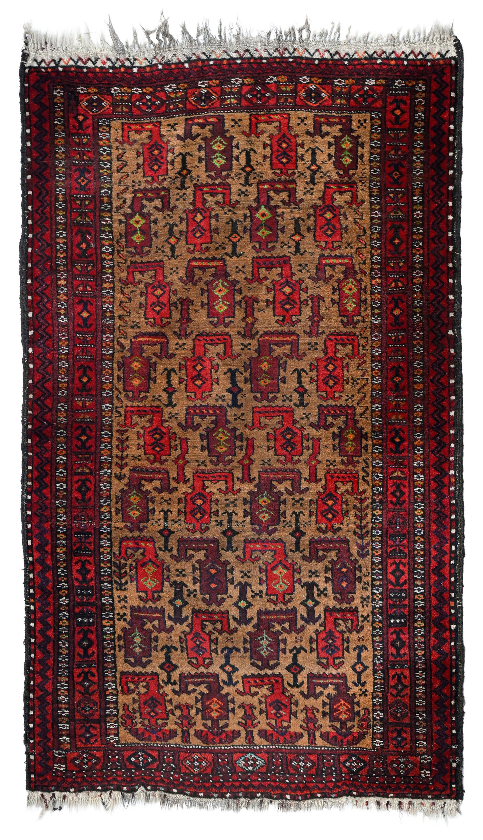 Tapis Beloutch, Iran, milieu du du XXe s., à semis de botehs stylisés rouges sur fond brun: Tapis Beloutch, Iran, milieu du du XXe s., à semis de botehs stylisés rouges sur fond brun, 91x150 cm