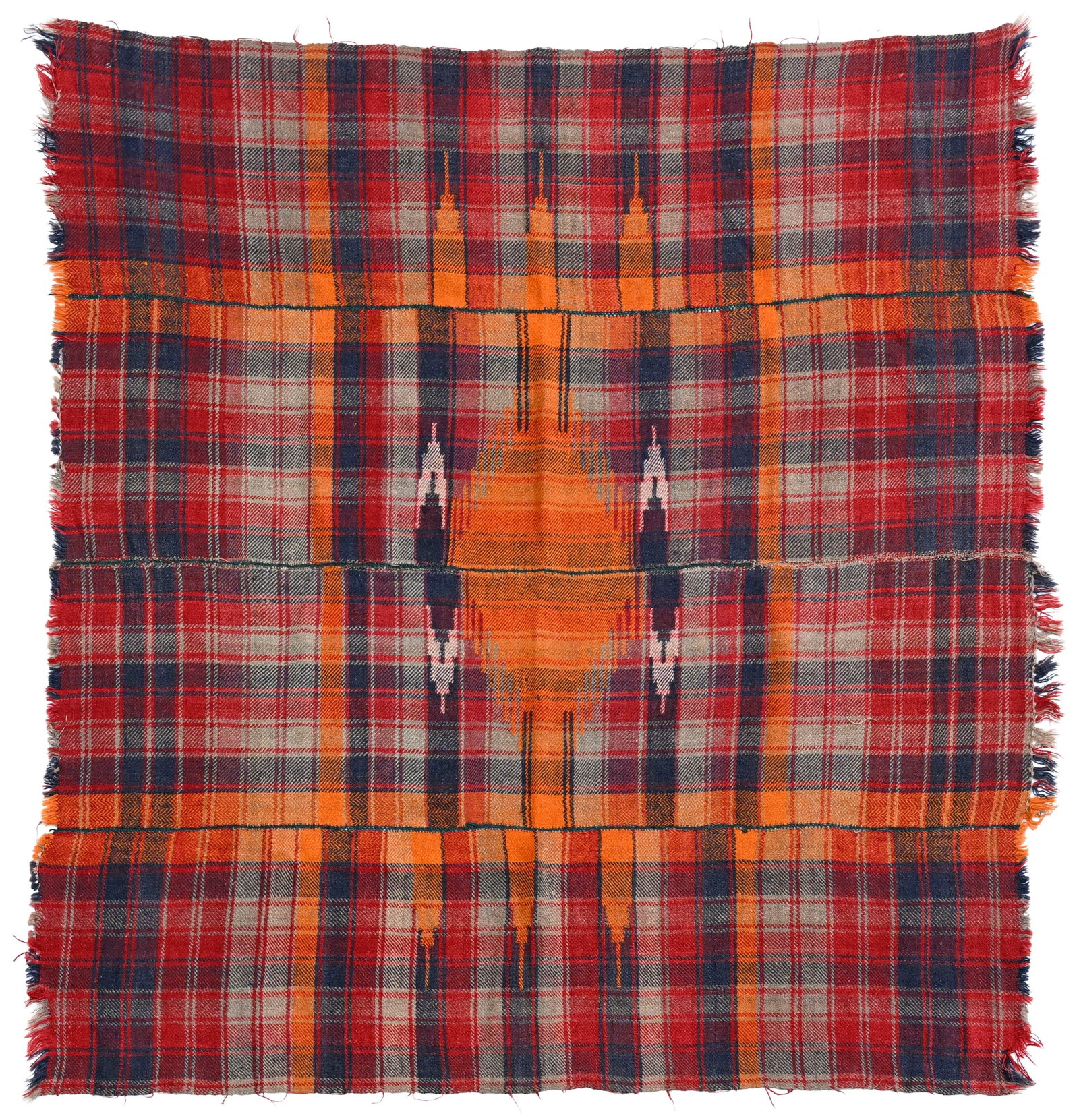 Jajim Shahsavan, Iran, 1ère moitié du XXe s., à motif de lignes horizontales et verti: Jajim Shahsavan, Iran, 1ère moitié du XXe s., à motif de lignes horizontales et verticales entrecroisées sur fond rouge, orange et bleu, 175x185 cm