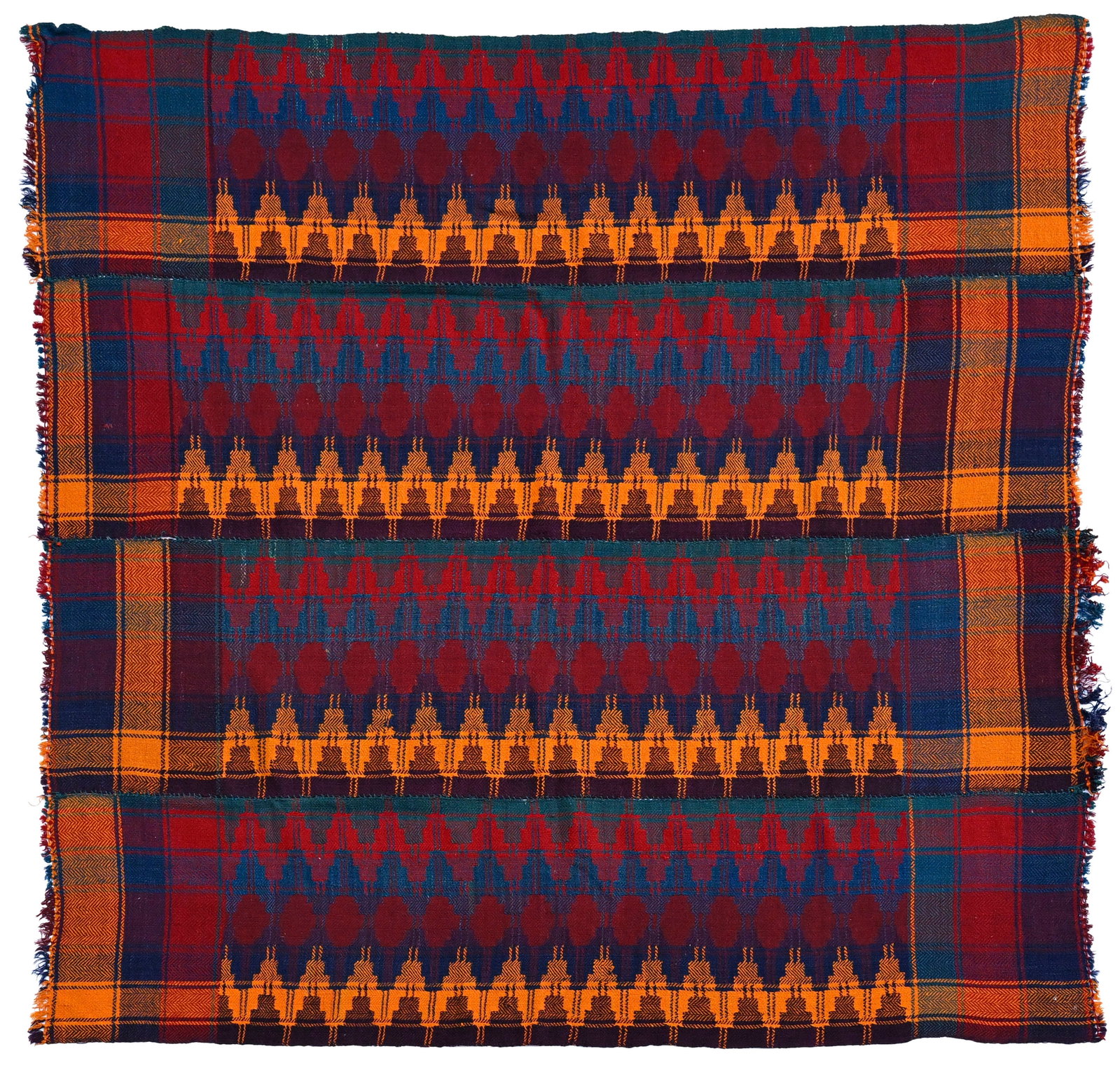 Jajim Shahsavan, Iran, 1ère moitié du XXe s., à motif de lignes horizontales et verti: Jajim Shahsavan, Iran, 1ère moitié du XXe s., à motif de lignes horizontales et verticales entrecroisées avec motifs géométriques sur fond rouge, orange, bleu et vert, 18
