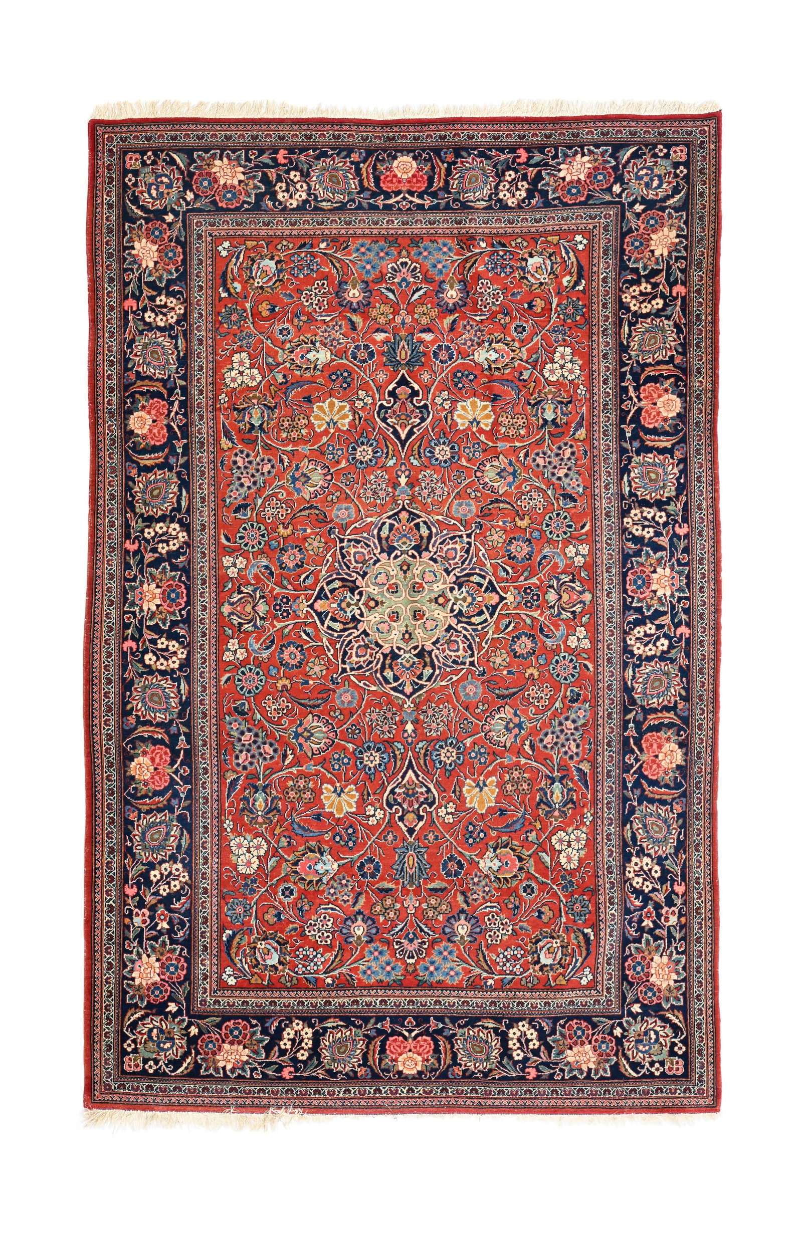 Tapis Kashan, Iran, 3ème quart du XXe s., à médaillon central vert et bleu sur fond r: Tapis Kashan, Iran, 3ème quart du XXe s., à médaillon central vert et bleu sur fond rouge orné de rinceaux fleuris, bordure bleue décorée de fleurs, 132x202 cm