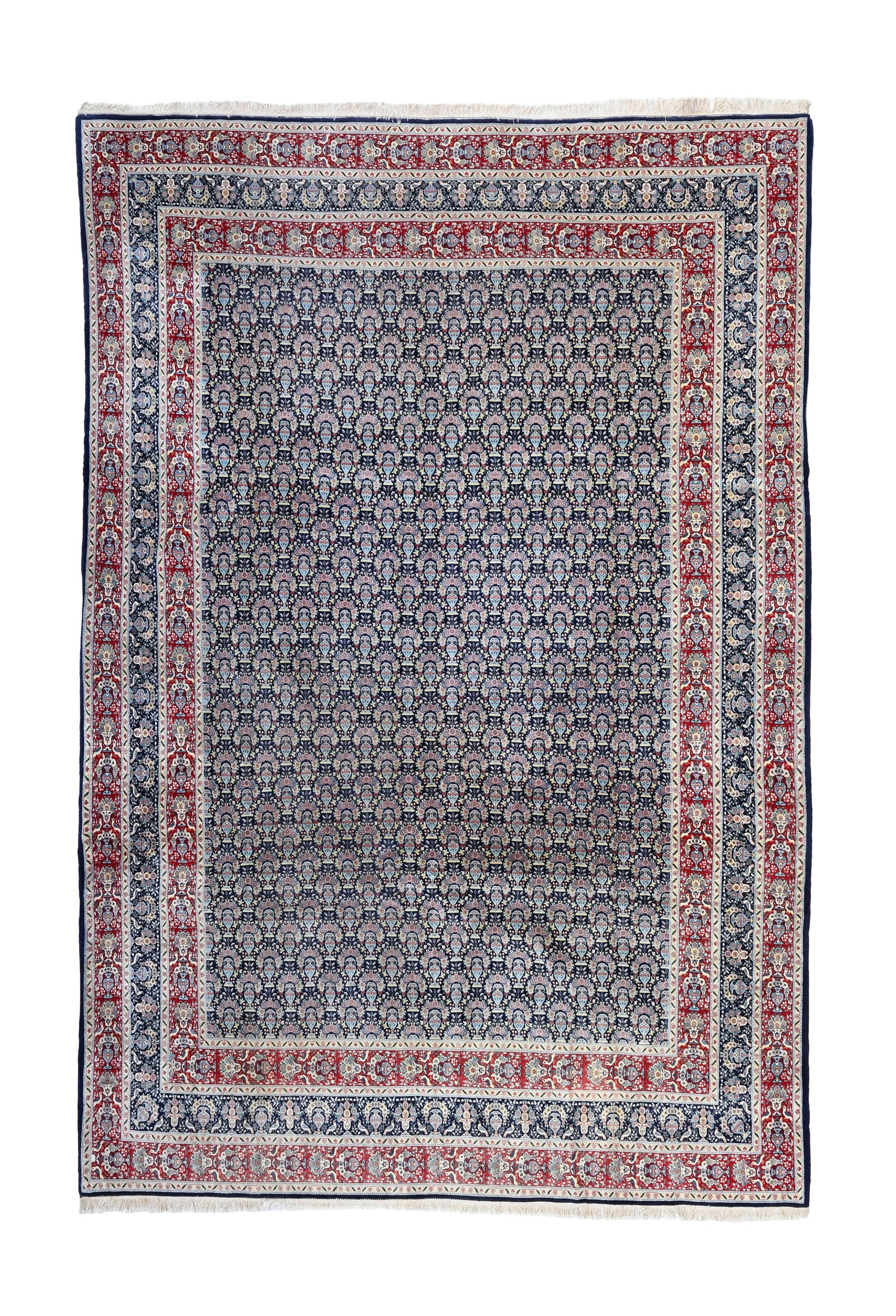 Tapis Kashan, Iran, derniers tiers du XXe s., à à décor zol-e-sultan composé d'u: Tapis Kashan, Iran, derniers tiers du XXe s., à à décor zol-e-sultan composé d'un semis de vases fleuris sur fond bleu, triple bordure rouge et bleue au même motif, 303x394