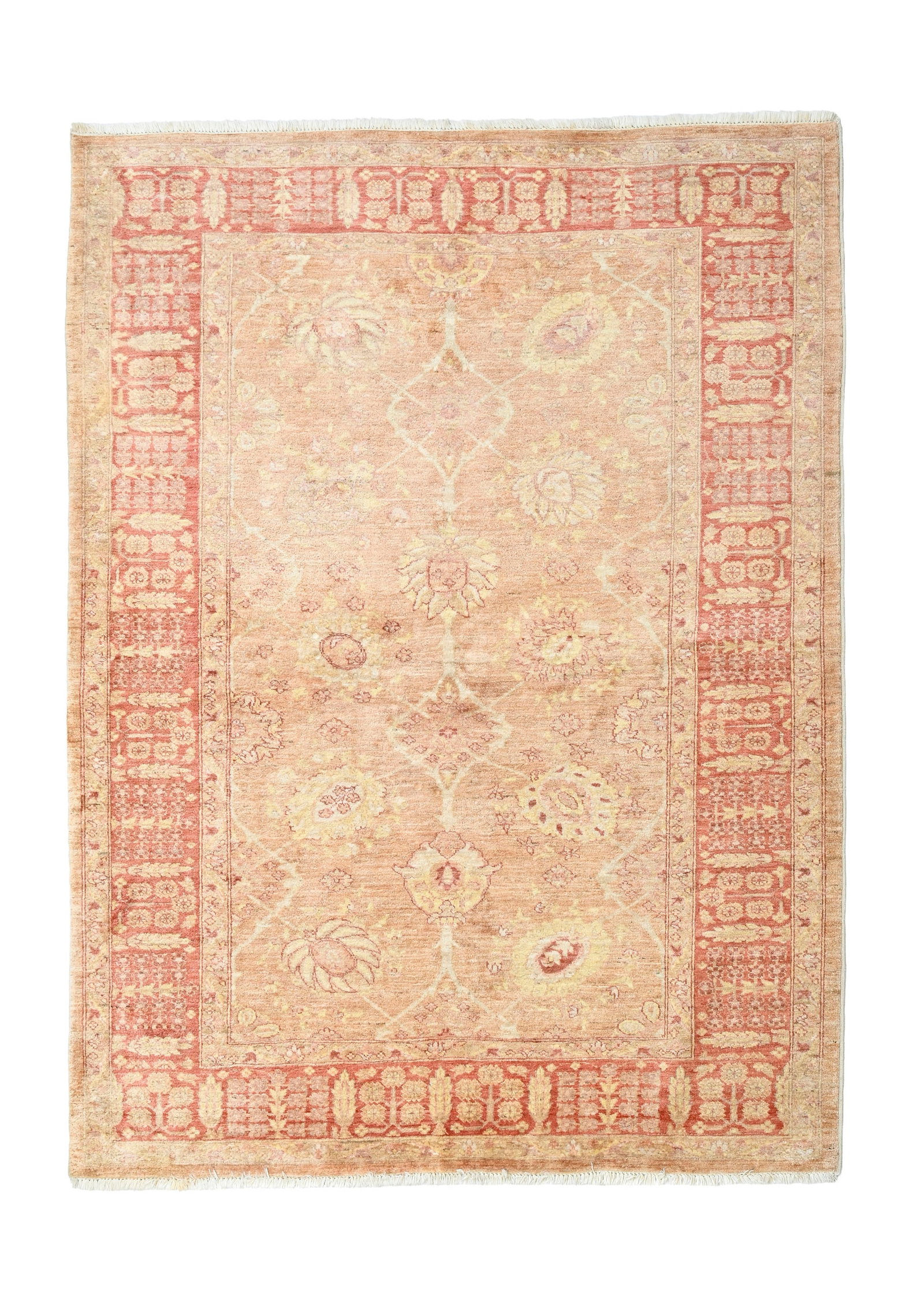 Tapis Pakistan, début XXIe s., à champ central beige parsemé de grandes fleurs polych: Tapis Pakistan, début XXIe s., à champ central beige parsemé de grandes fleurs polychromes, bordure fleurie rouge, 176x215 cm Condition Couleurs insolées