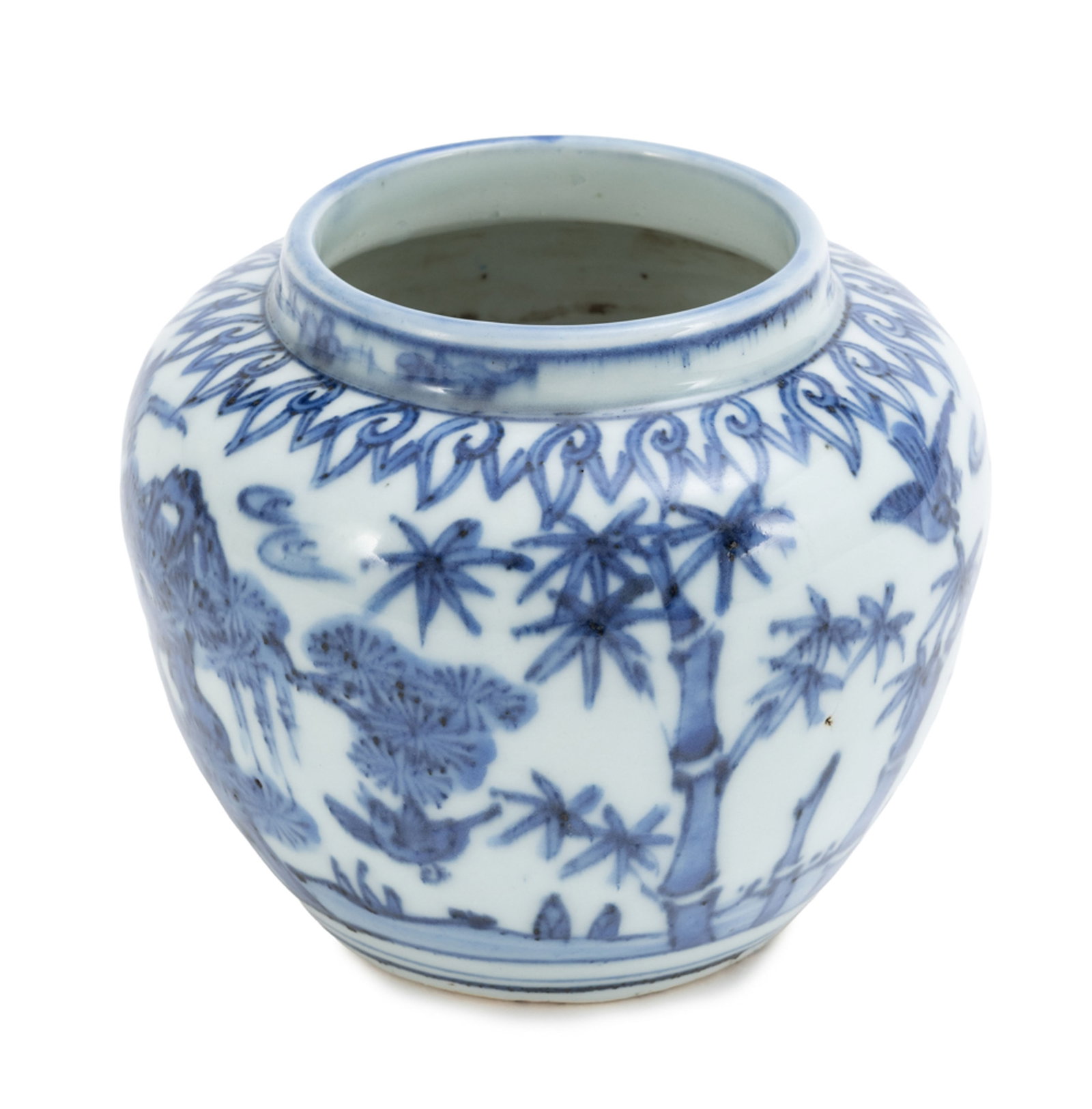 Pot en porcelaine, Chine, dynastie Qing, décor en bleu de paysage avec les Suihan Sanyou ("Troi - 3