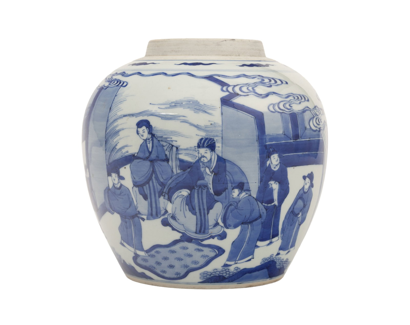 Pot en porcelaine, Chine, dynastie Qing, décor en bleu de personnages sur une terrasse, marque : Pot en porcelaine, Chine, dynastie Qing, décor en bleu de personnages sur une terrasse, marque au double cercle sous la base, h. 22,5 cm A blue and white porcelain jar, China, Qing dynasty,