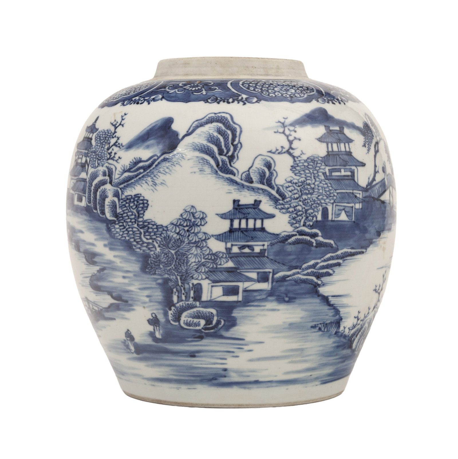 Pot à gingembre en porcelaine, Chine, dynastie Qing, décor en bleu de paysage, h. 22,5 cm : Pot à gingembre en porcelaine, Chine, dynastie Qing, décor en bleu de paysage, h. 22,5 cm (manque couvercle) A blue and white porcelain ginger jar, China, Qing dynasty, 22.5 cm high (cover