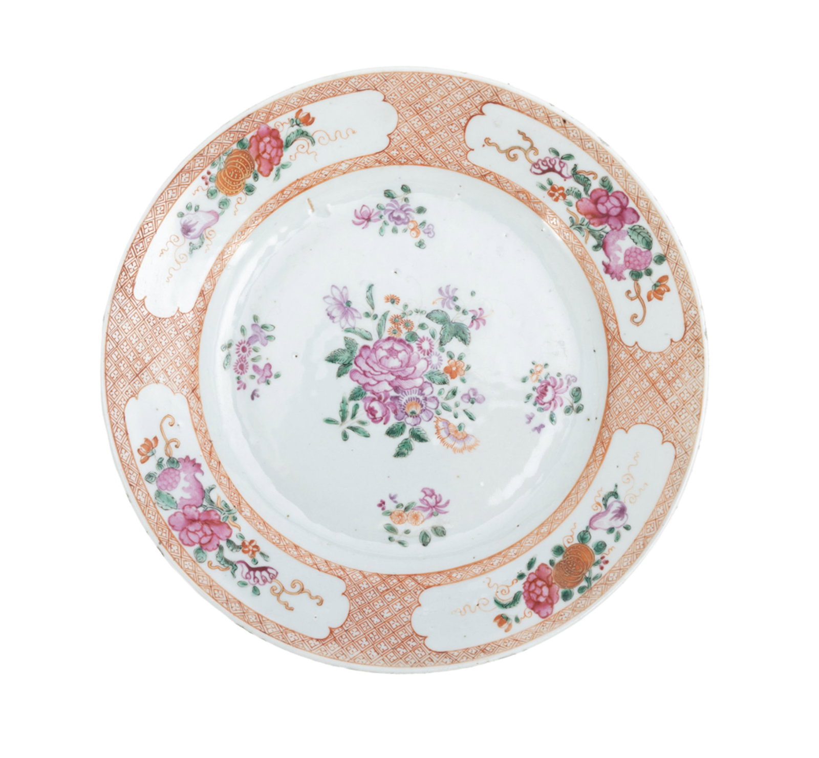 Ensemble de 3 assiettes et 1 ravier ovale en porcelaine famille rose, Chine, XVIIIe s.: 1 assiette o - 2