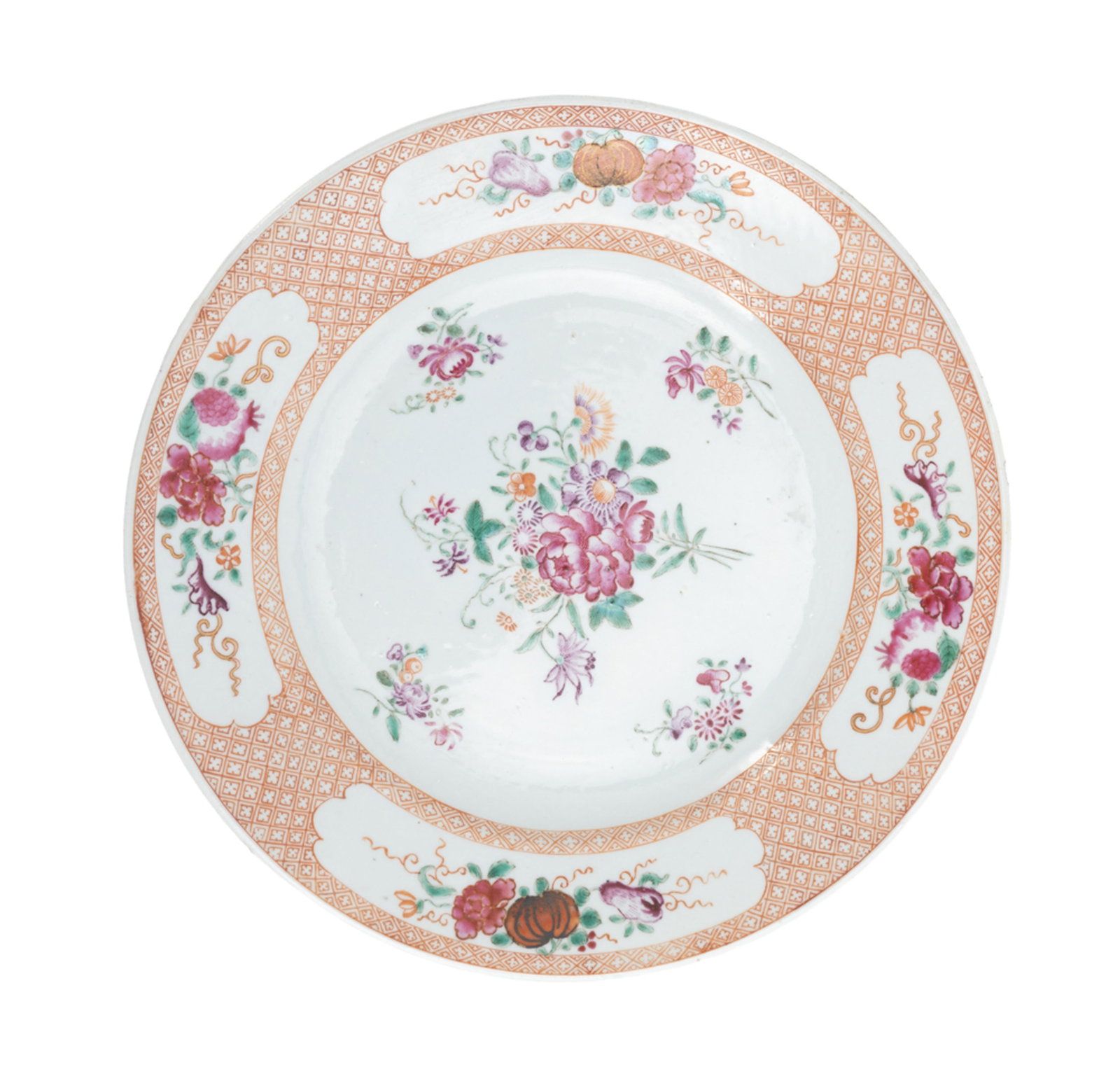 Ensemble de 3 assiettes et 1 ravier ovale en porcelaine famille rose, Chine, XVIIIe s.: 1 assiette o - 4