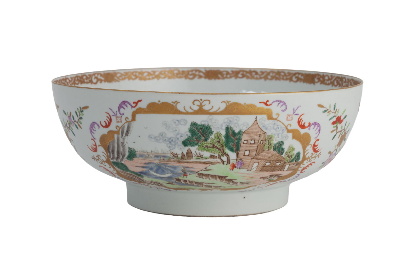 Bol à punch en porcelaine, Chine, XVIIIe s., décor de style Meissen de paysages dans des c (1 of 3)