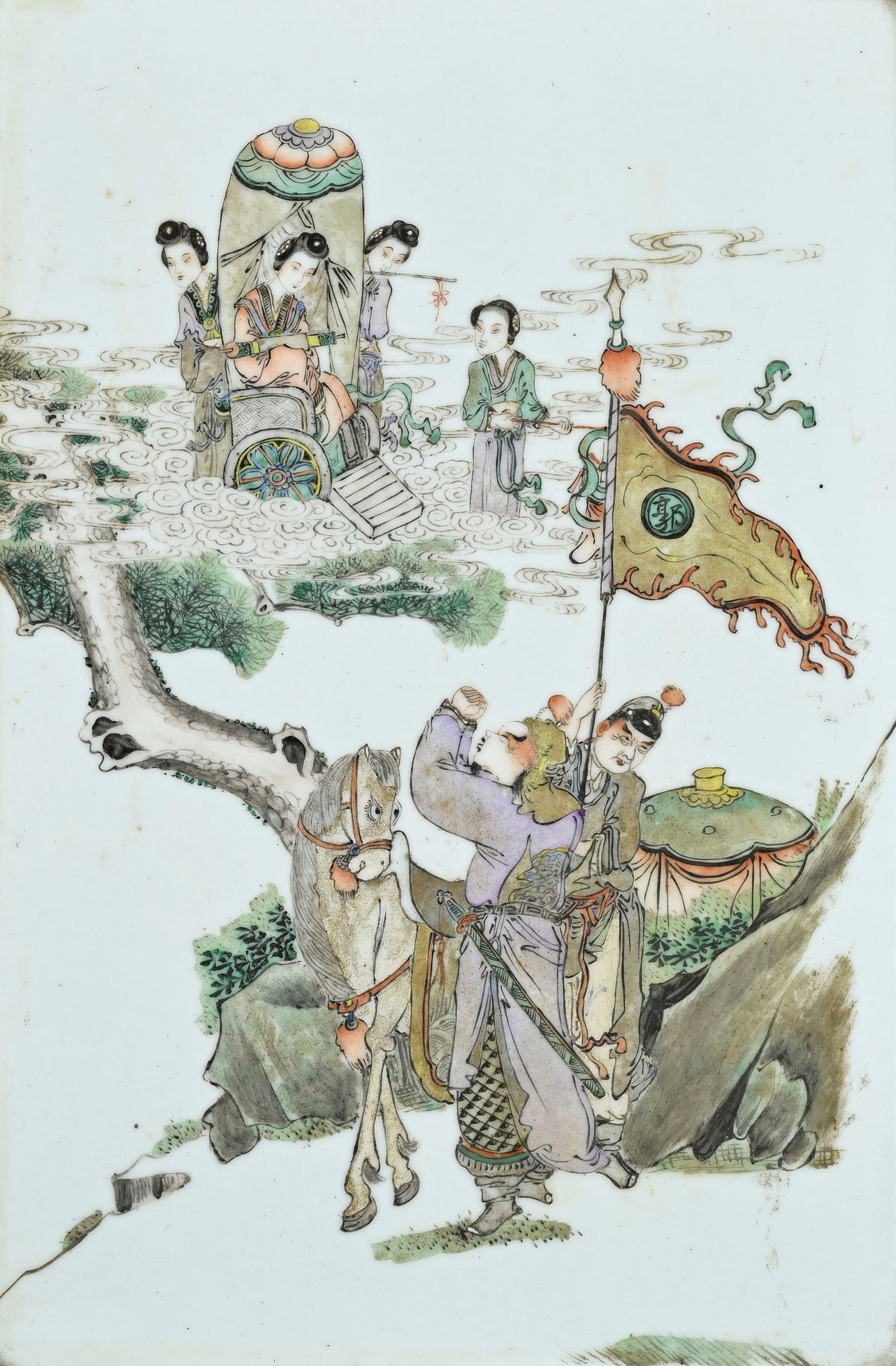 Écran de lettré en porcelaine et bois, Chine, XXe s., décor de personnages priant dev - 4