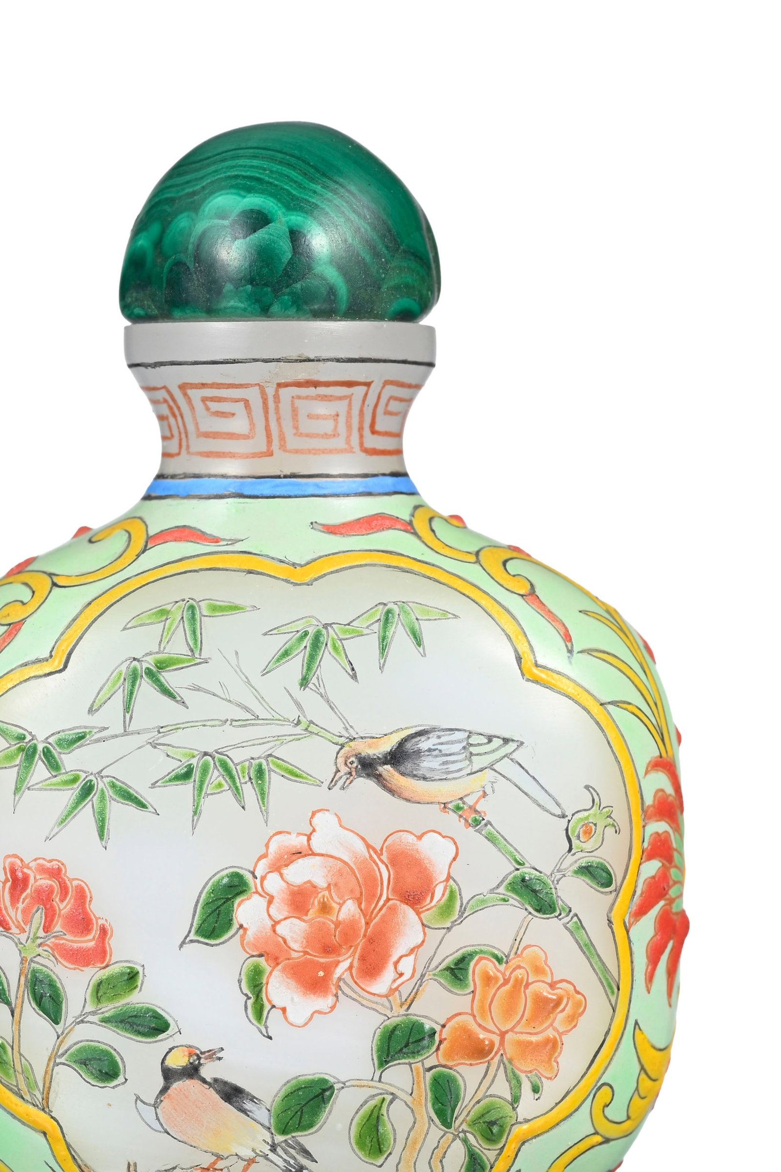 Flacon à priser en verre, Chine, XXe s., décor de fleurs et oiseaux, marque 古੍ - 2