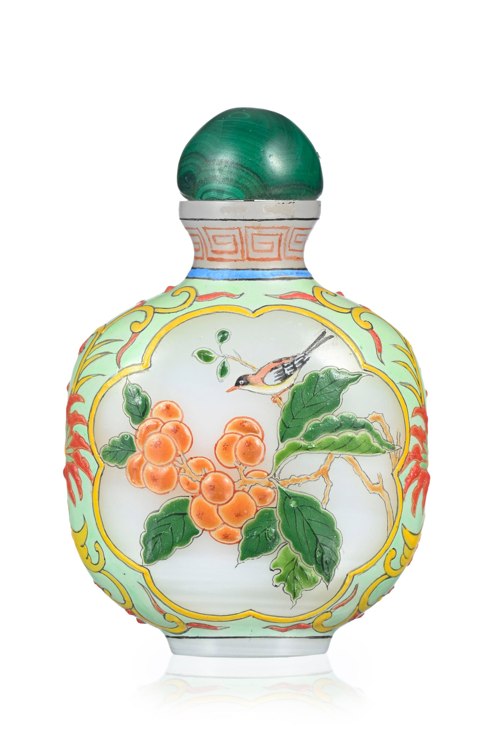 Flacon à priser en verre, Chine, XXe s., décor de fleurs et oiseaux, marque 古੍ - 3