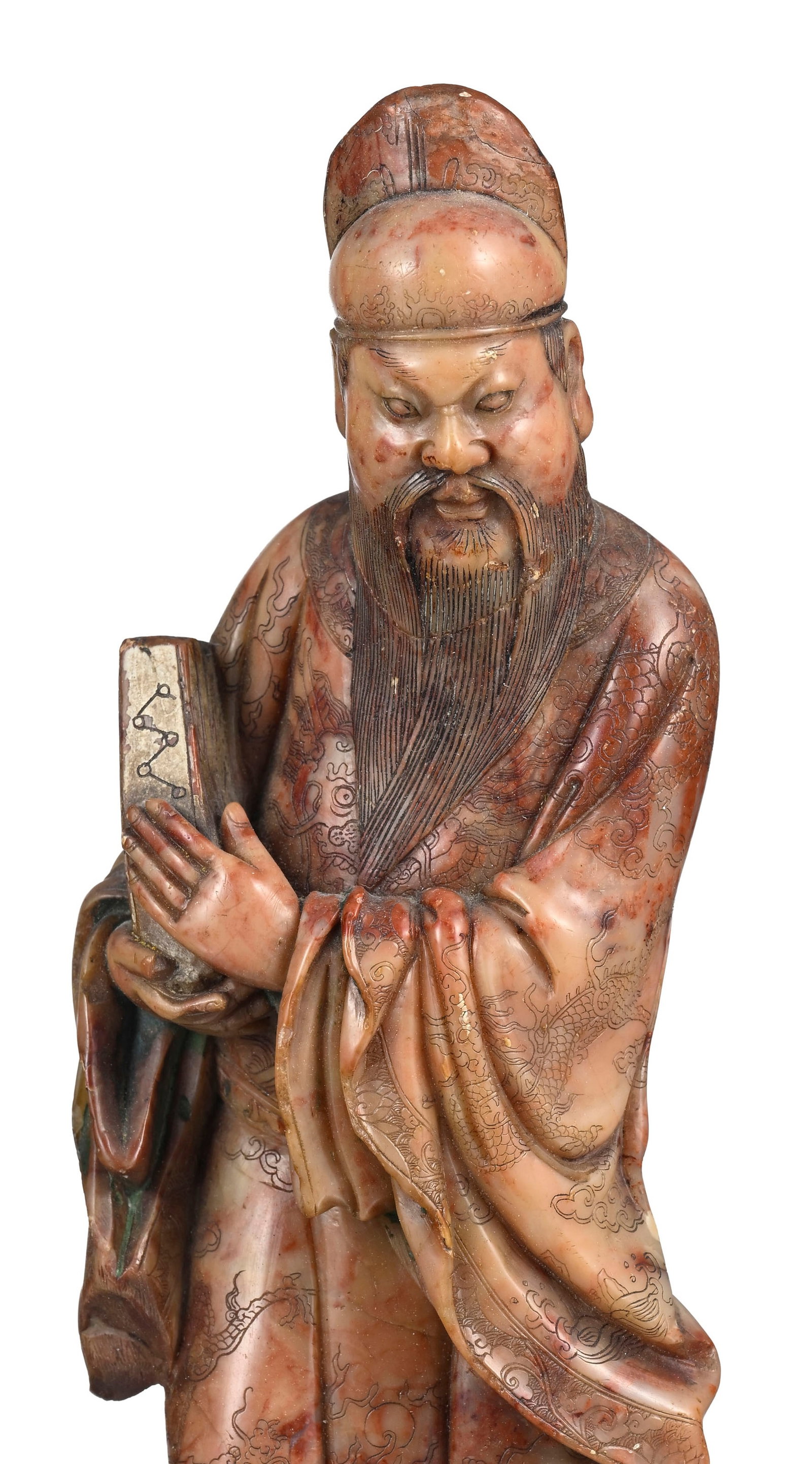 Personnages, ensemble de 4 sculptures en stéatite, Chine, comprenant: 2 Luohan assis dont un te - 4
