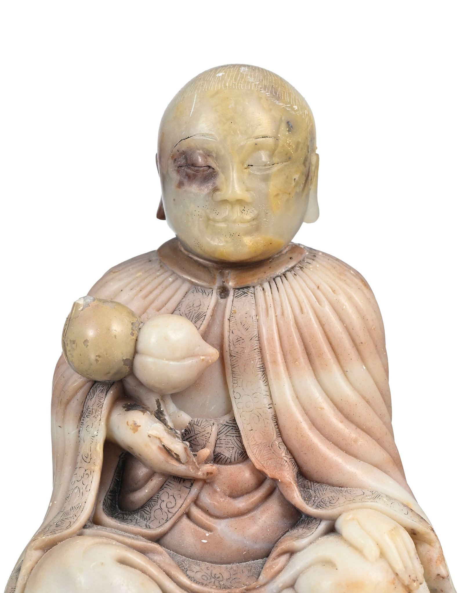 Personnages, ensemble de 4 sculptures en stéatite, Chine, comprenant: 2 Luohan assis dont un te - 5