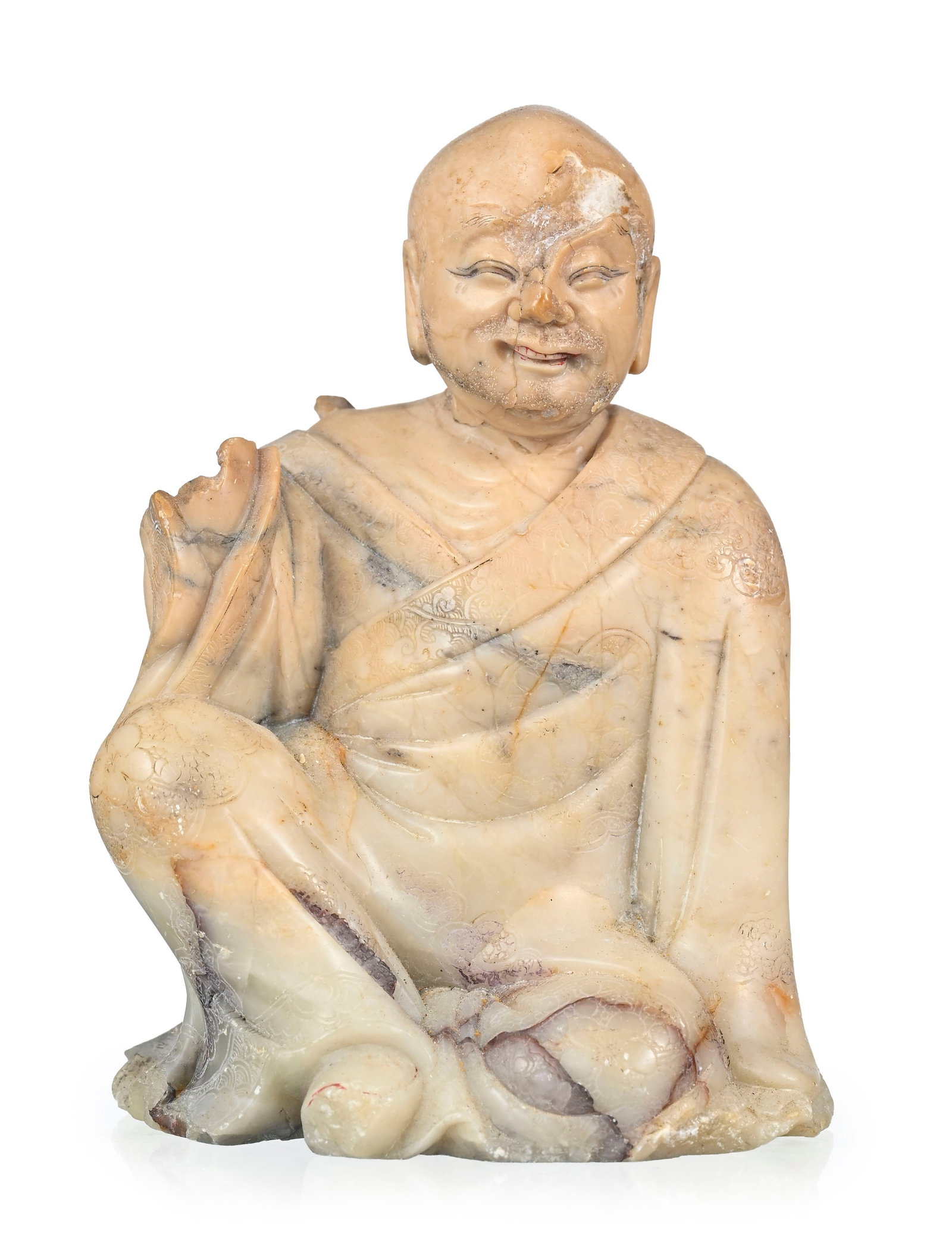 Personnages, ensemble de 4 sculptures en stéatite, Chine, comprenant: 2 Luohan assis dont un te - 6