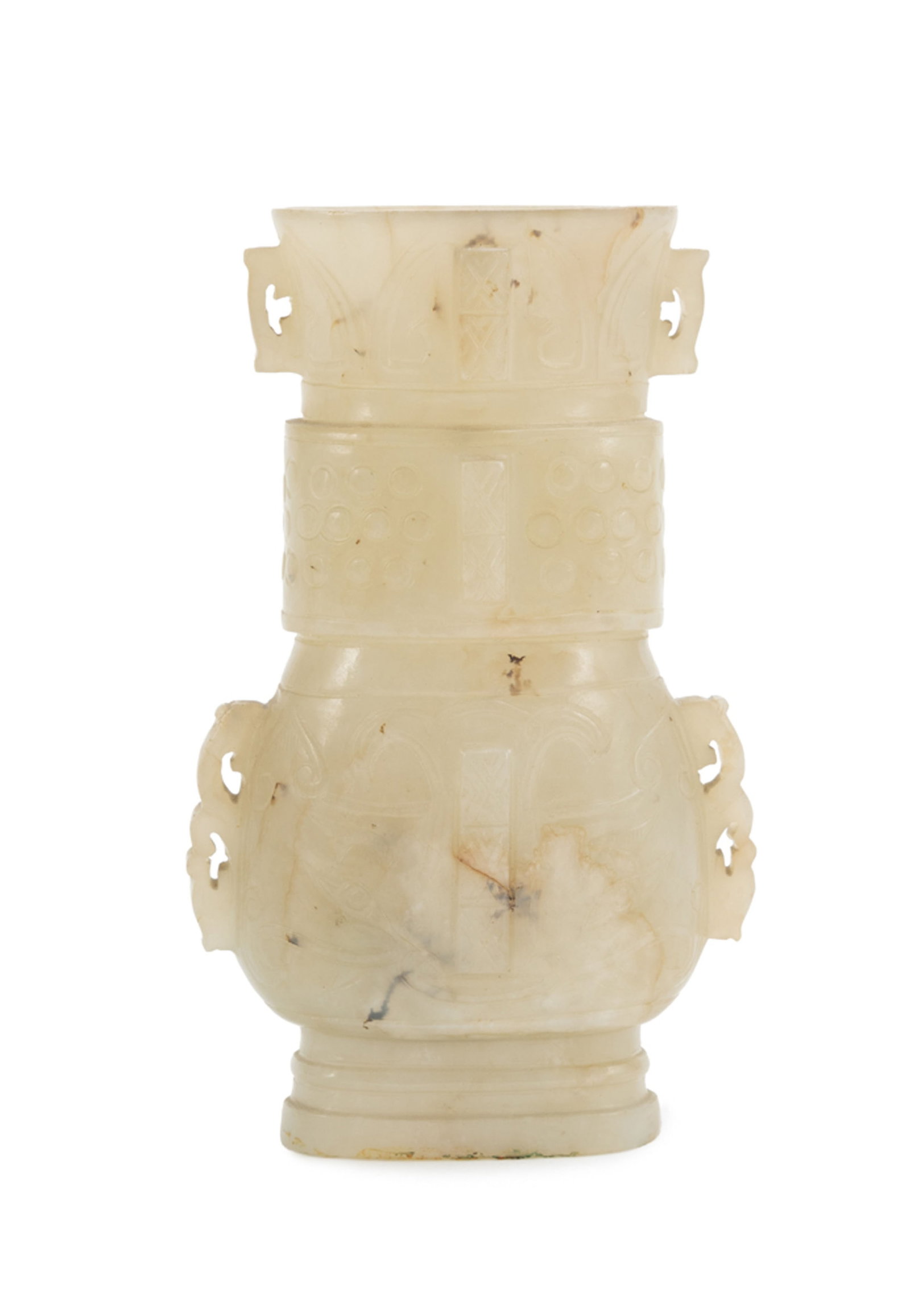 Petit vase en jade pâle, Chine, décor archaïsant de taotie, créatures surnaturel: Petit vase en jade pâle, Chine, décor archaïsant de taotie, créatures surnaturelles et motifs géométriques, h. 11 cm A small pale jade vase, China, 11 cm high