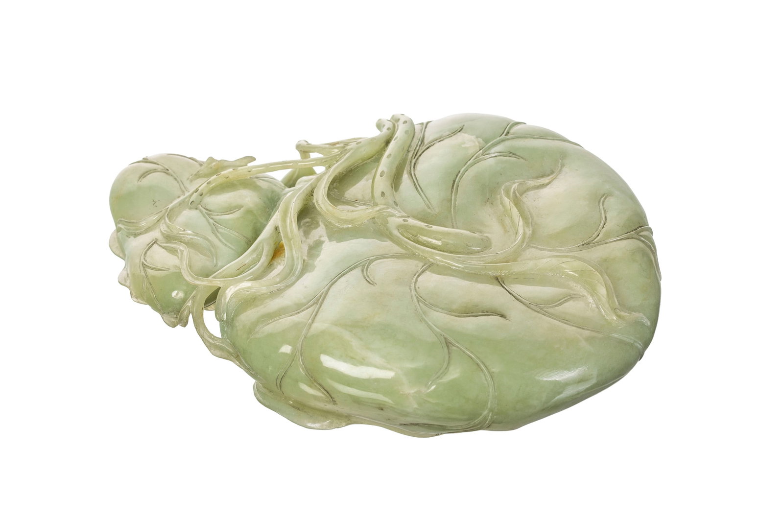 Grand bixi (rince-pinceaux) en jade en forme de deux lotus, Chine, avec socle en bois composé d - 5