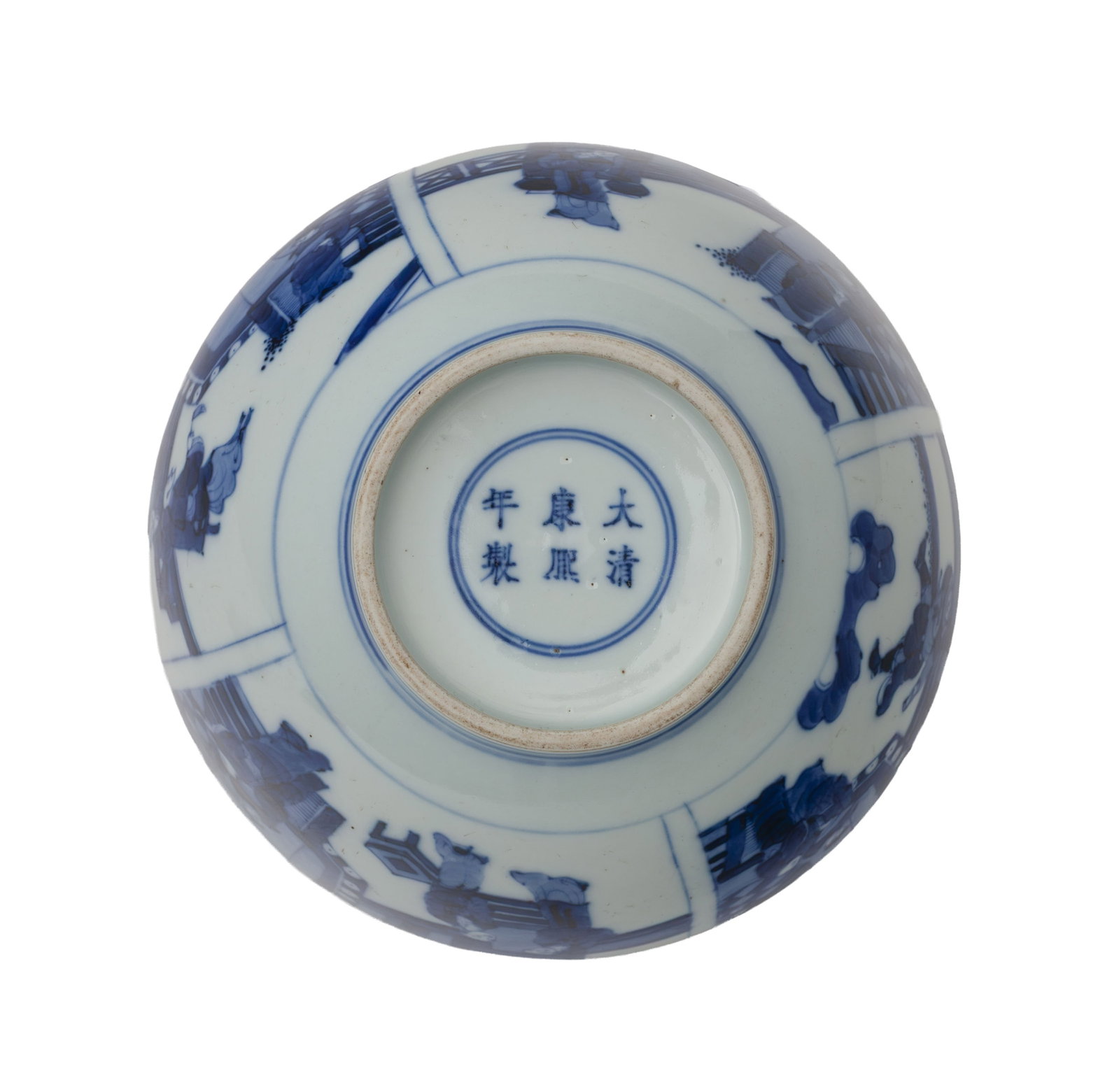 Grand bol en porcelaine, Chine, XIX-XXe s., décor en bleu de personnages dans des cartouches, m - 2