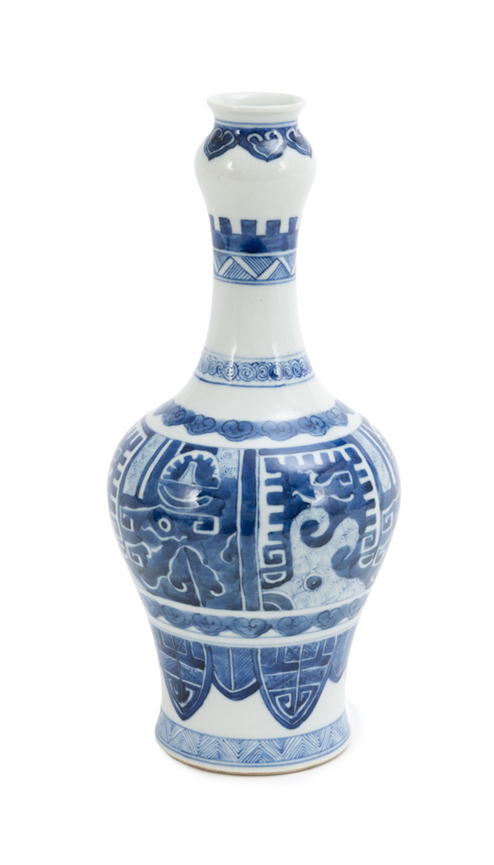 Vase suantouping en porcelaine, Chine, XIX-XXe s., décor en bleu de divers motifs archaïsa: Vase suantouping en porcelaine, Chine, XIX-XXe s., décor en bleu de divers motifs archaïsants, marque au double cercle sous la base, h. 28,5 cm A blue and white porcelain suantouping vase,