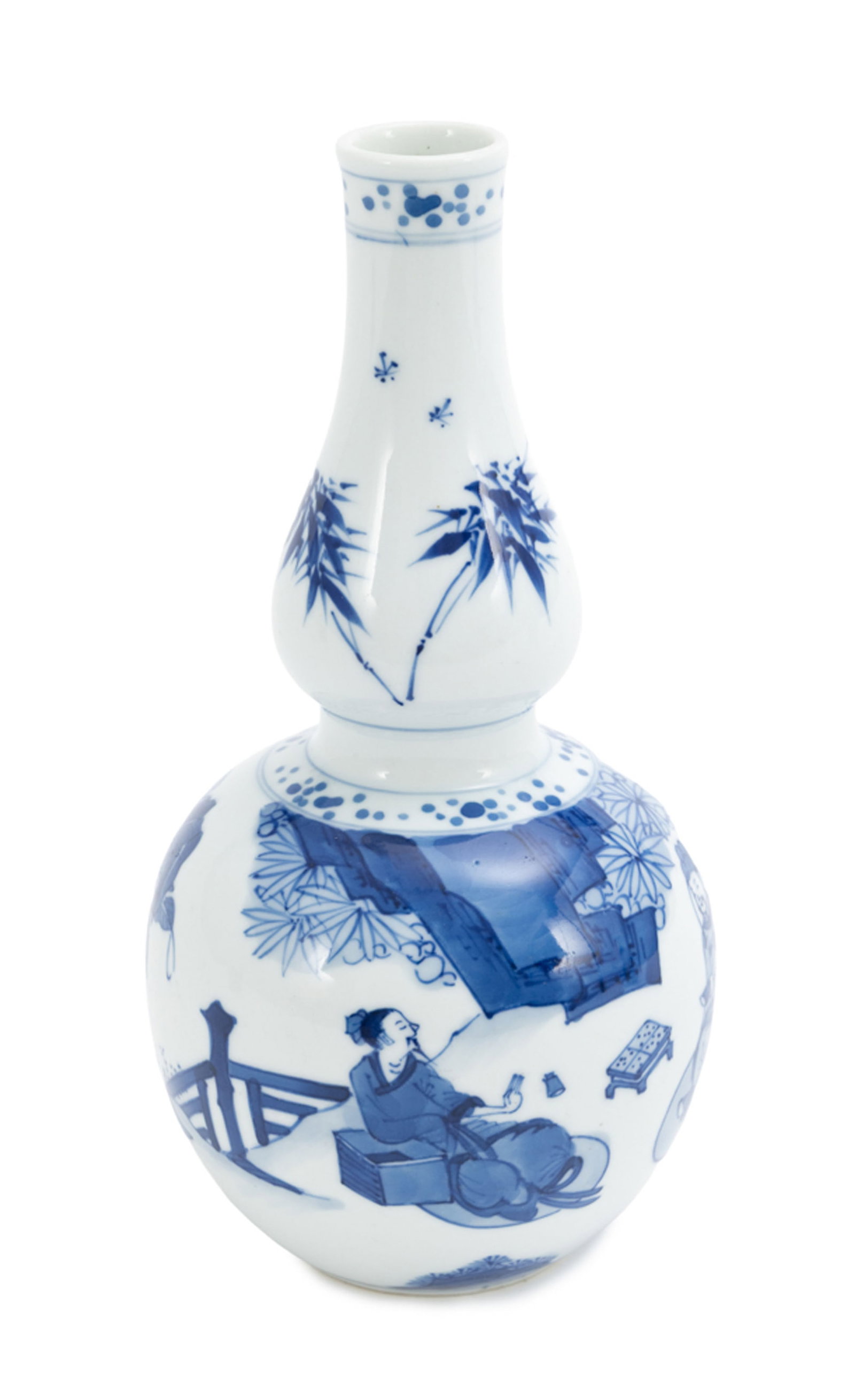 Paire de vases double gourde en porcelaine, Chine, XIX-XXe s., décor en bleu de personnages dan - 3