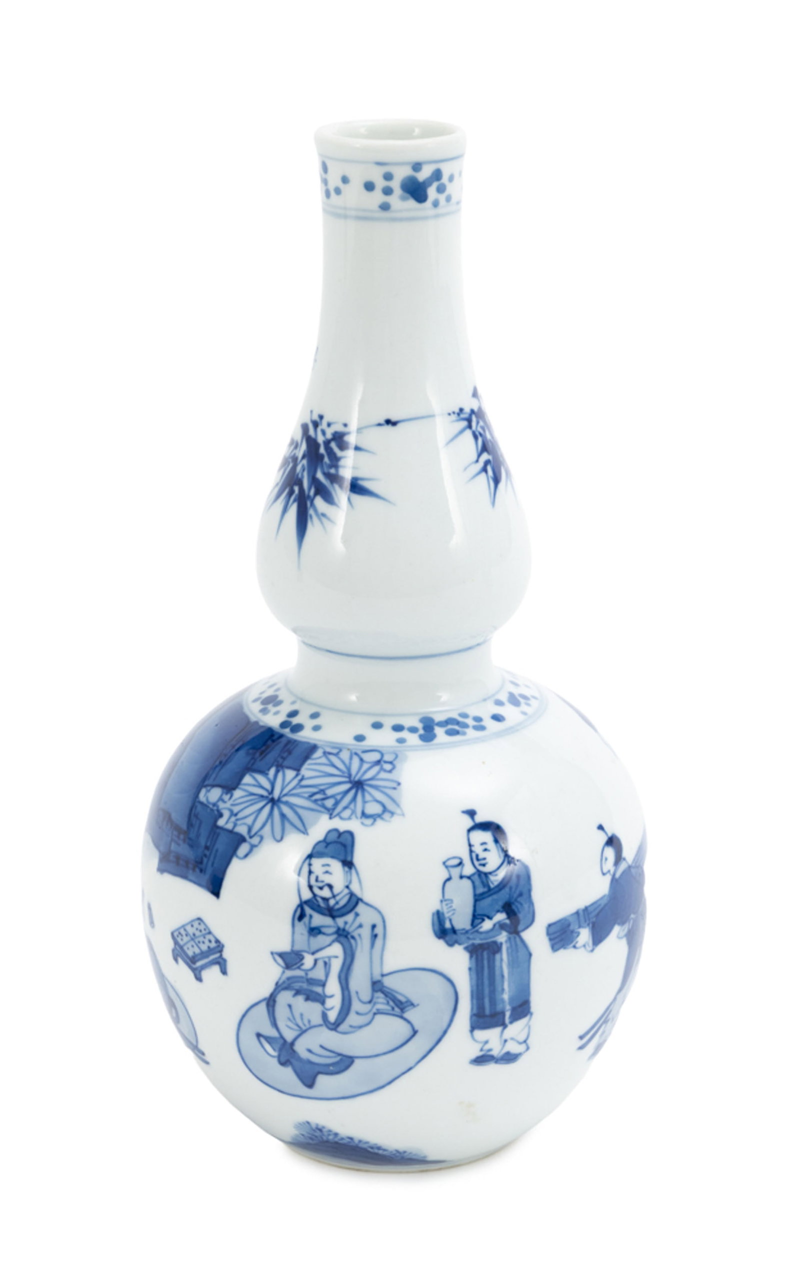 Paire de vases double gourde en porcelaine, Chine, XIX-XXe s., décor en bleu de personnages dan - 4