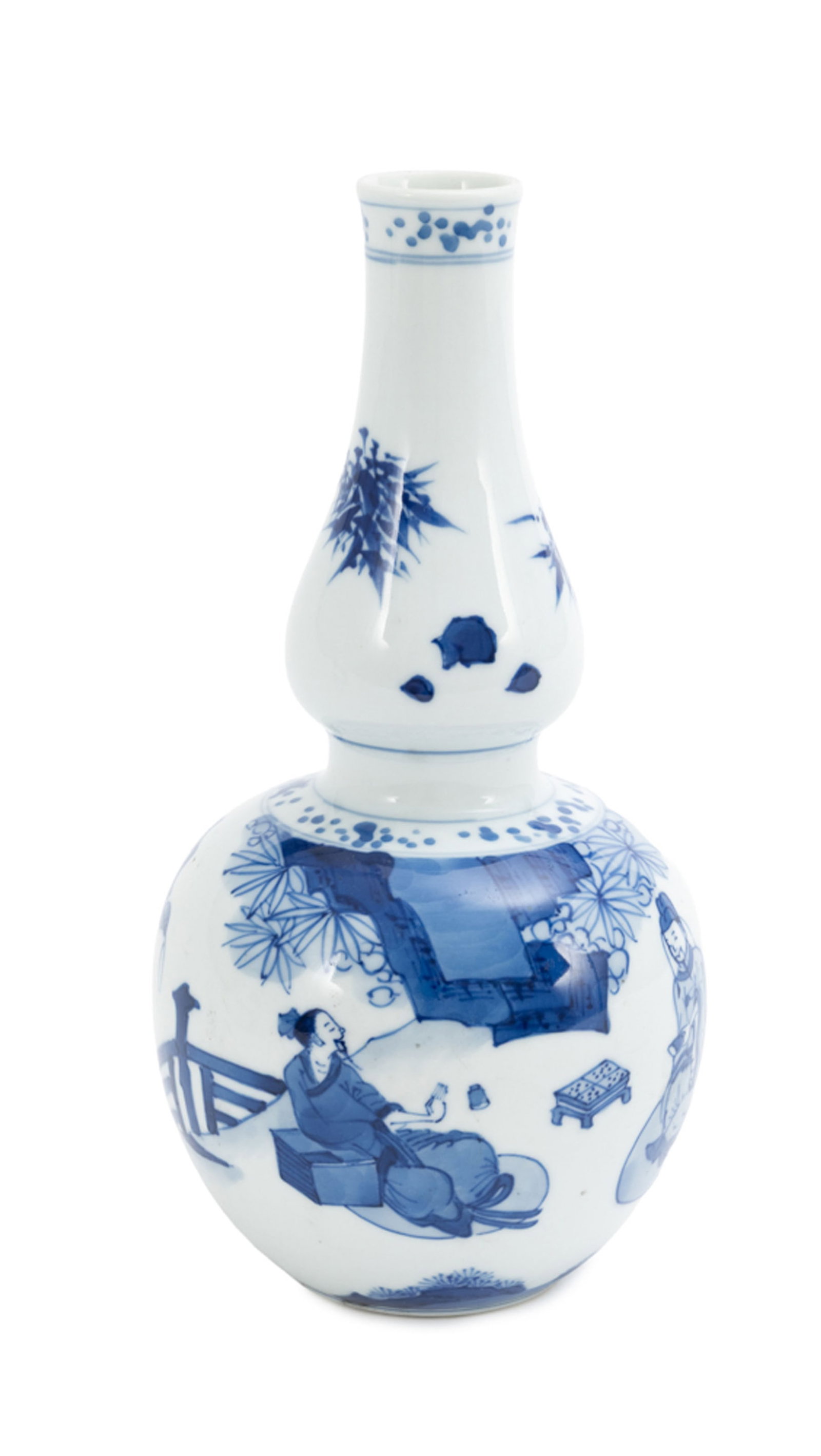 Paire de vases double gourde en porcelaine, Chine, XIX-XXe s., décor en bleu de personnages dan - 5