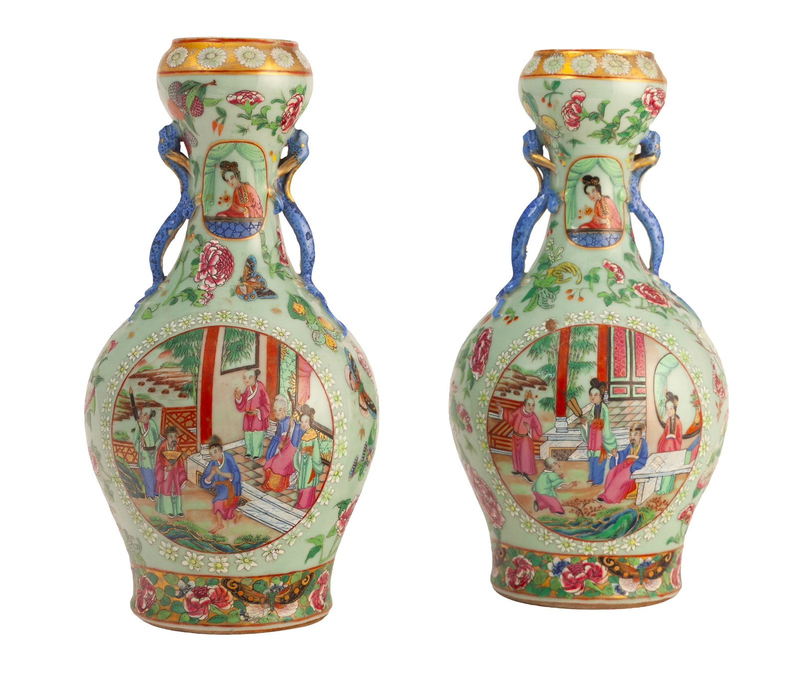 Paire de vases suantouping e_n porcelaine "Rose Medallion" sur fond céladon, Chine, Canton, dyn (1 of 3)