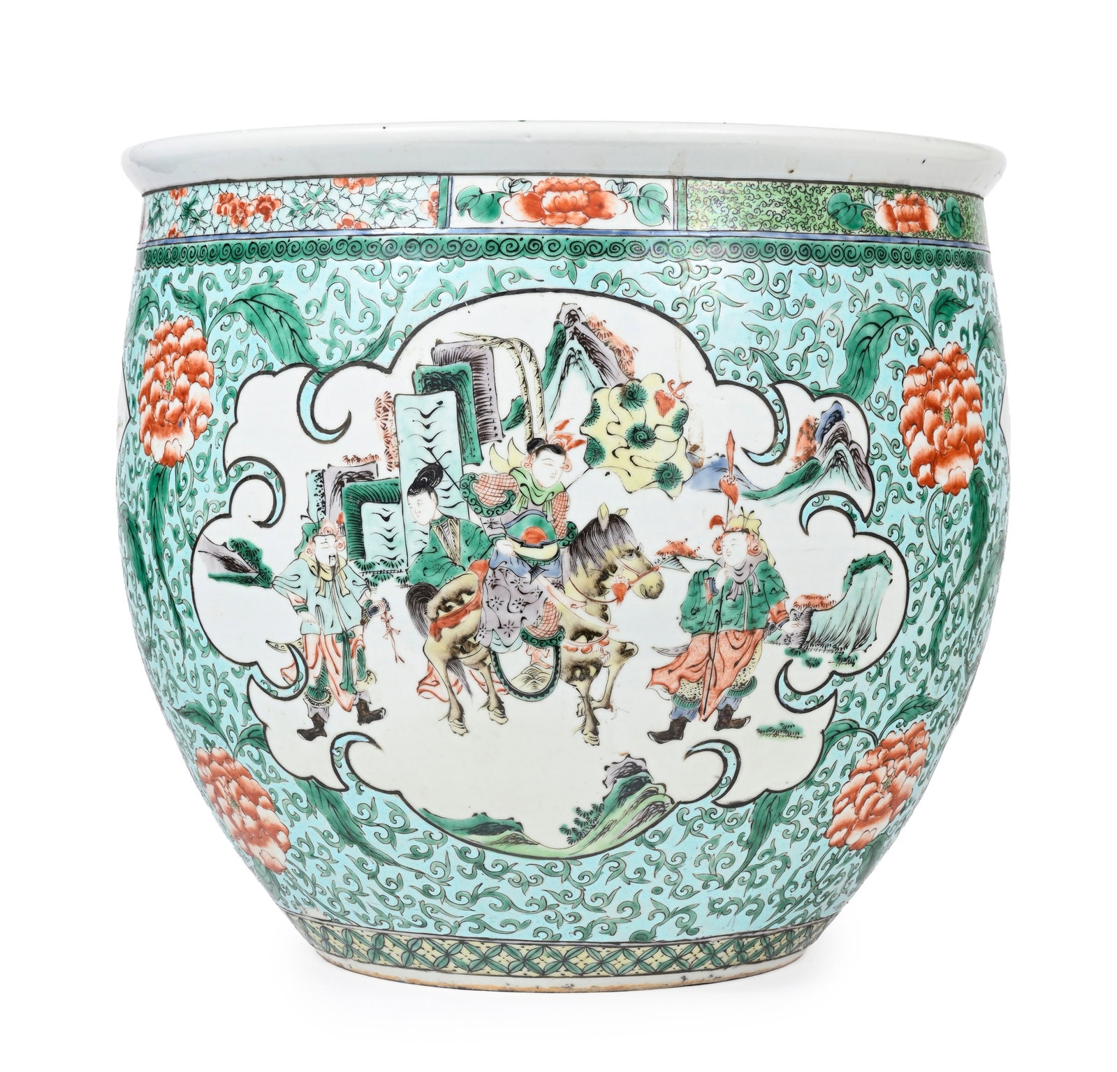 Cache-pot en porcelaine famille verte, Chine, dynastie Qing, décor de personnages et fleurs dan: Cache-pot en porcelaine famille verte, Chine, dynastie Qing, décor de personnages et fleurs dans des cartouches sur fond de rinceaux de fleurs, diam. 36 cm (extérieur), h. 32 cm