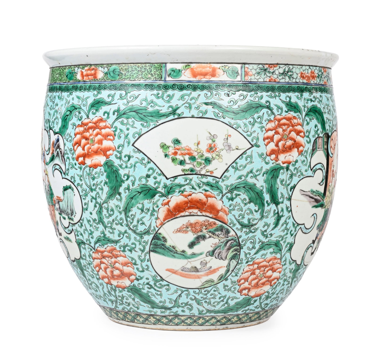 Cache-pot en porcelaine famille verte, Chine, dynastie Qing, décor de personnages et fleurs dan - 2