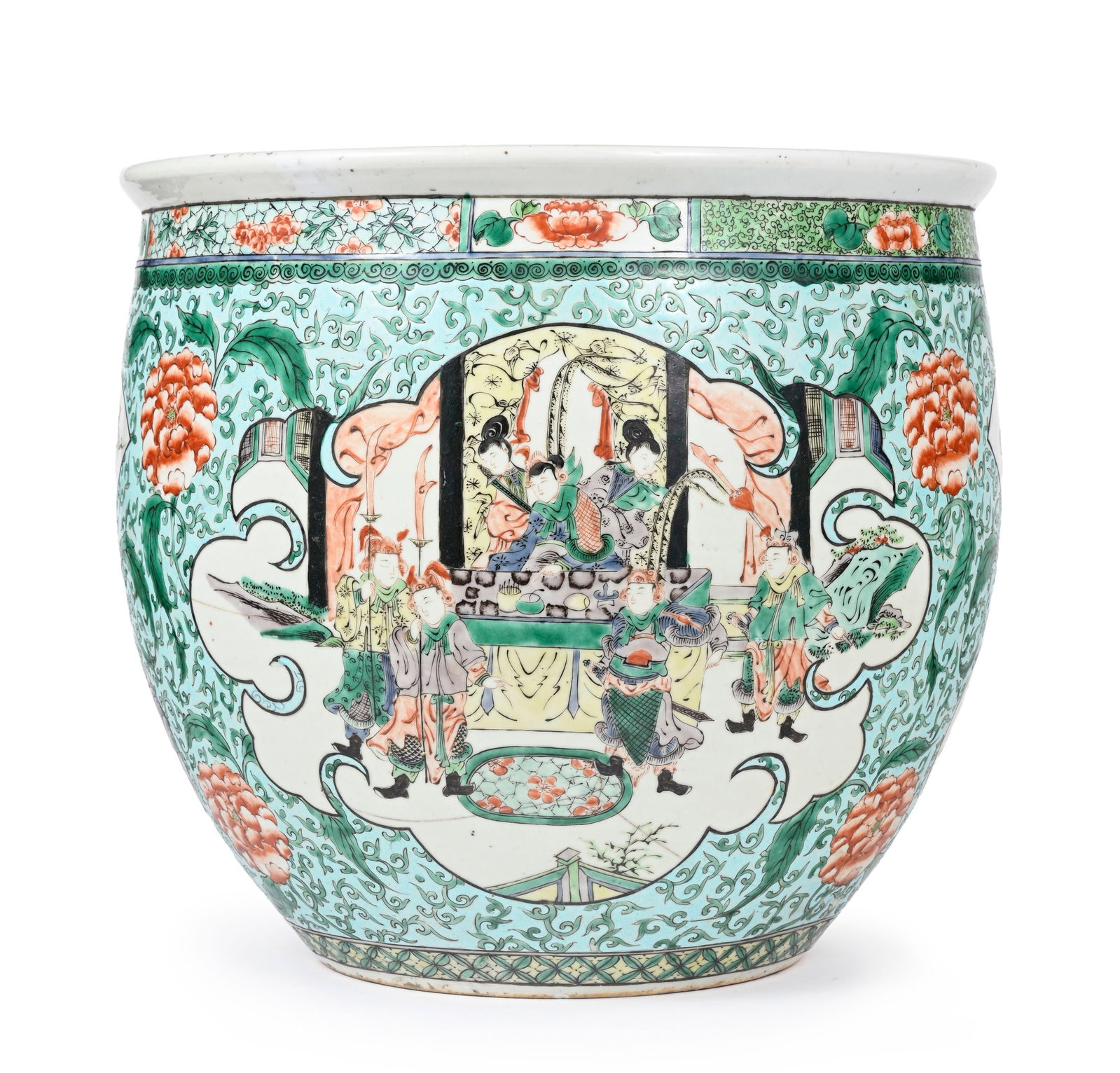Cache-pot en porcelaine famille verte, Chine, dynastie Qing, décor de personnages et fleurs dan - 3