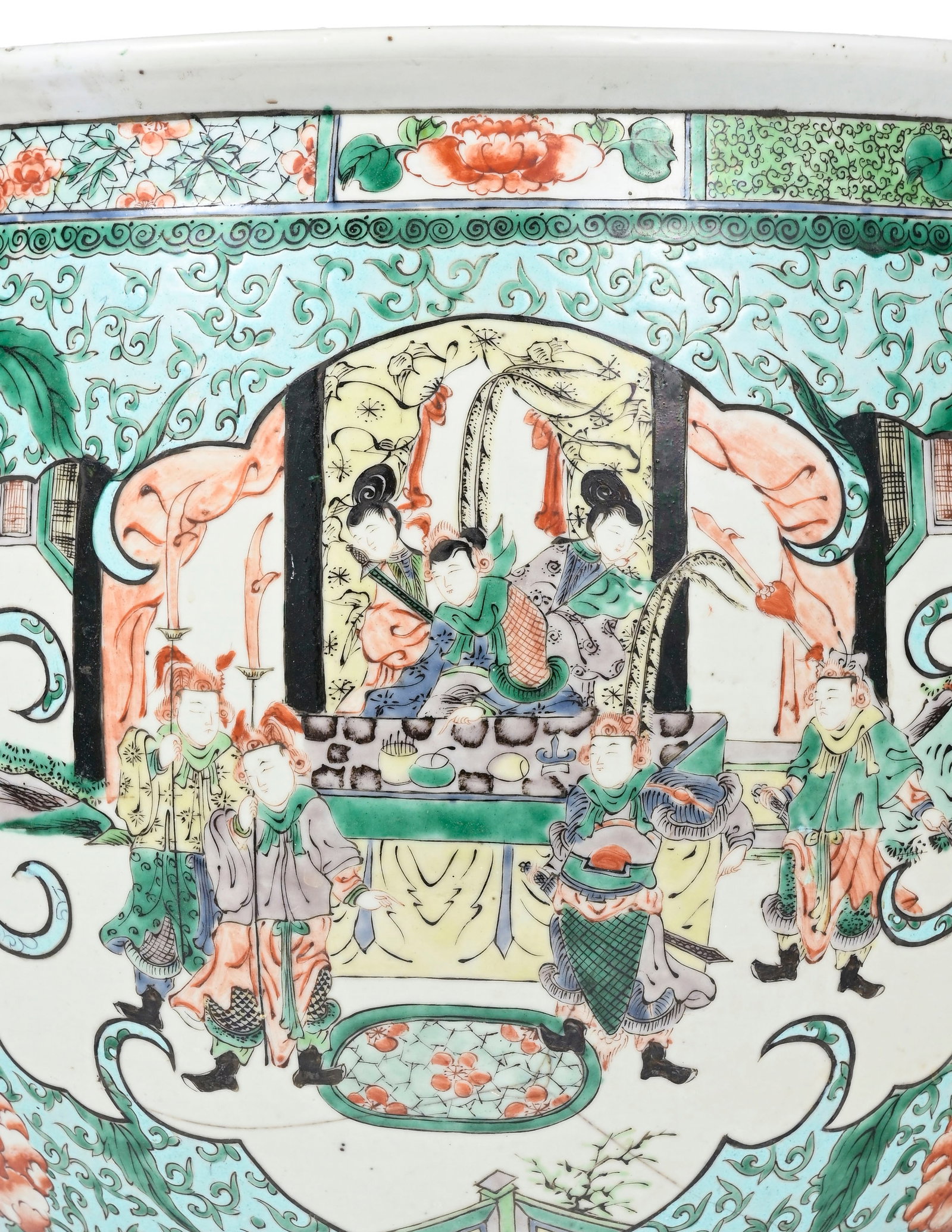 Cache-pot en porcelaine famille verte, Chine, dynastie Qing, décor de personnages et fleurs dan - 6